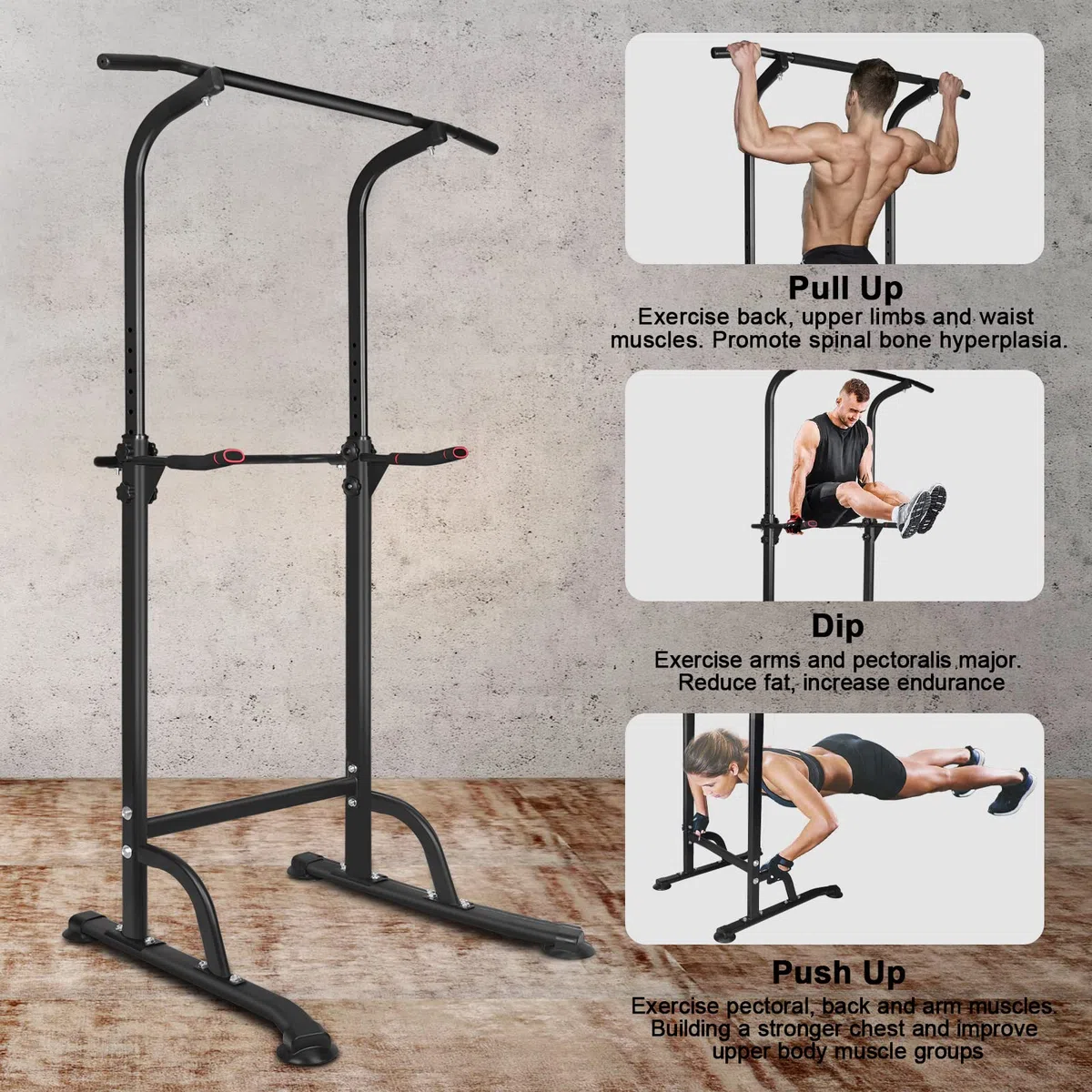 Power Tower Stazione di fondi con barra di trazioni per allenamento, altezza regolabile, supporto multifunzione per fondi per palestra a casa, attrezzature per il fitness
