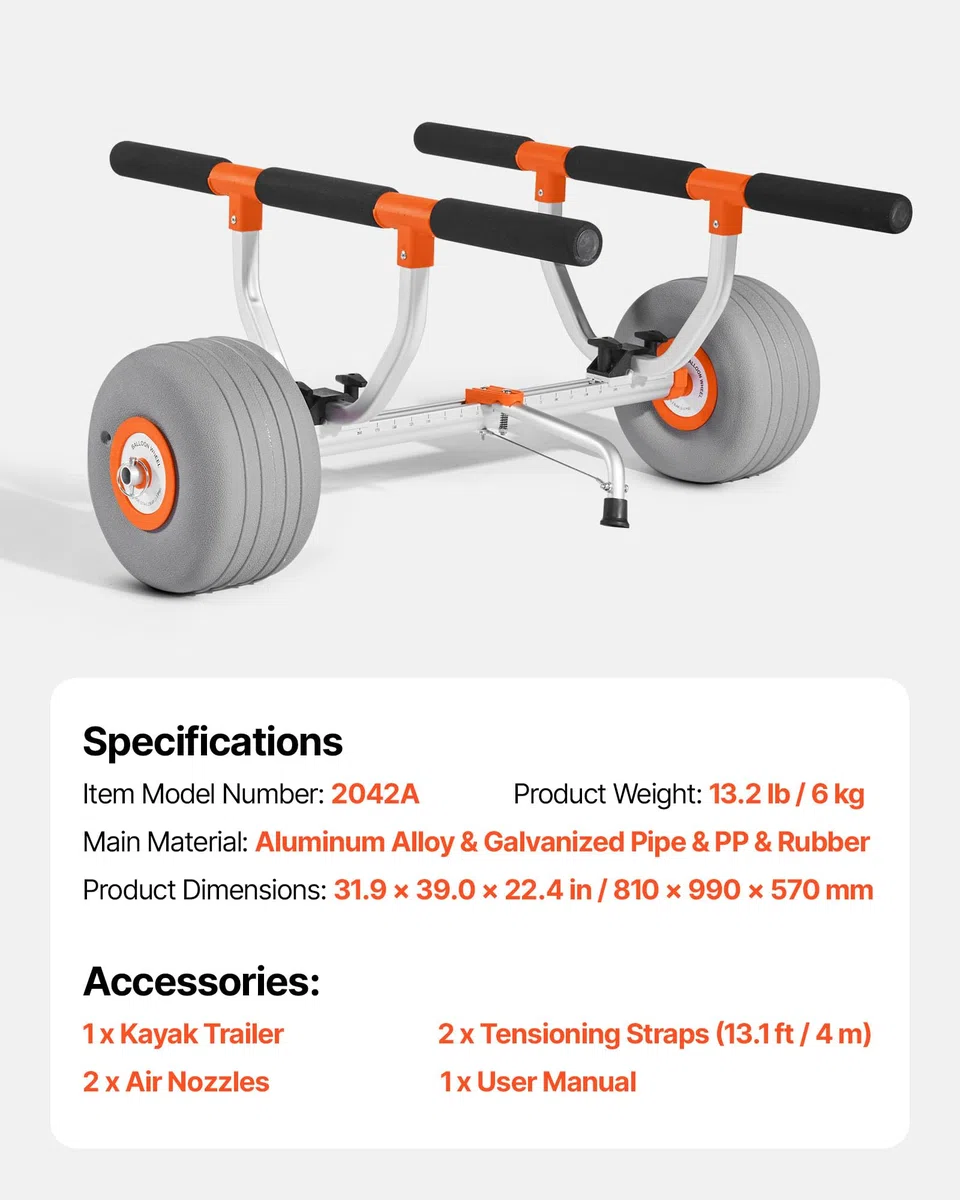 VEVOR Carrello per Kayak, in Lega di Alluminio capacità di 158,8 kg, con Pneumatici Gonfiabili da 30,5 cm e 2 Cinghie, Si Monta Facile, Carrello per Paddle Board per Il Trasporto di Kayak e Canoe