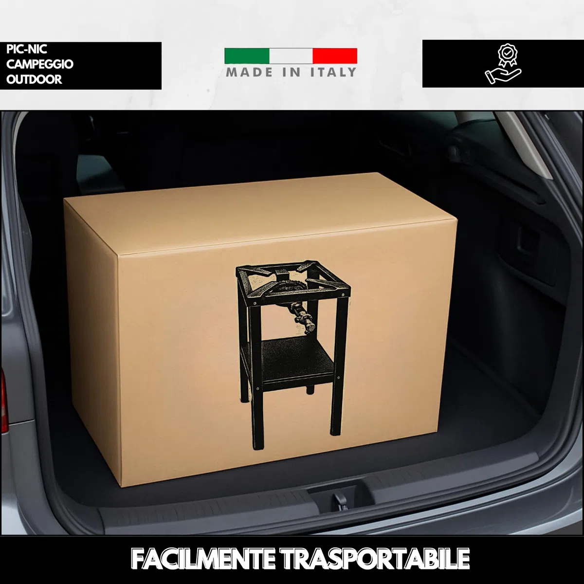 MOHOME Fornellone a Gas Esterno Premium Quality Made in Italy Ferro Resistente Portatile 40 x 40 x 80 cm Bruciatore Ghisa Regolatore 4 Piedi Supporto Pentole Campeggio Pic Nic Outdoor