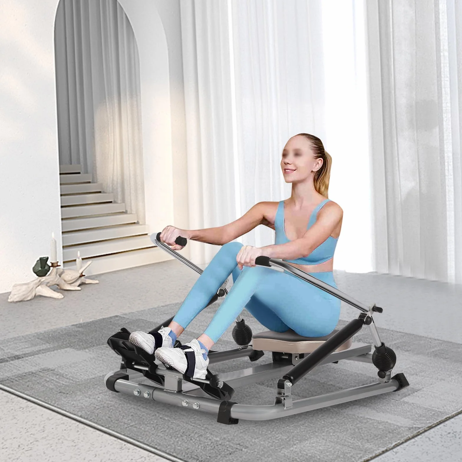 Vogatore idraulico, completamente mobile, regolabile, con resistenza a gradini da 15 a 55 kg, sedile morbido e monitor LCD e guida lunga da 45 pollici per esercizi cardio(scuro)