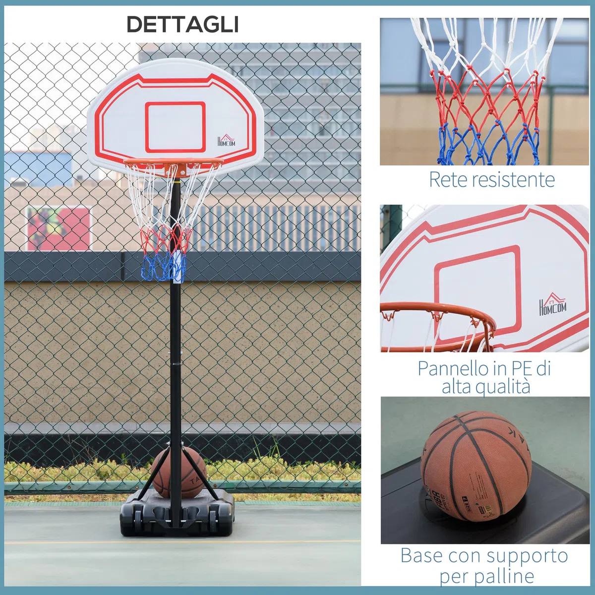 HOMCOM Canestro Basket ad Altezza Regolabile con Base Riempibile e 2 Ruote, Canestro da Basket in Acciaio, PE e HDPE, 70x45x258-314cm, Rosso