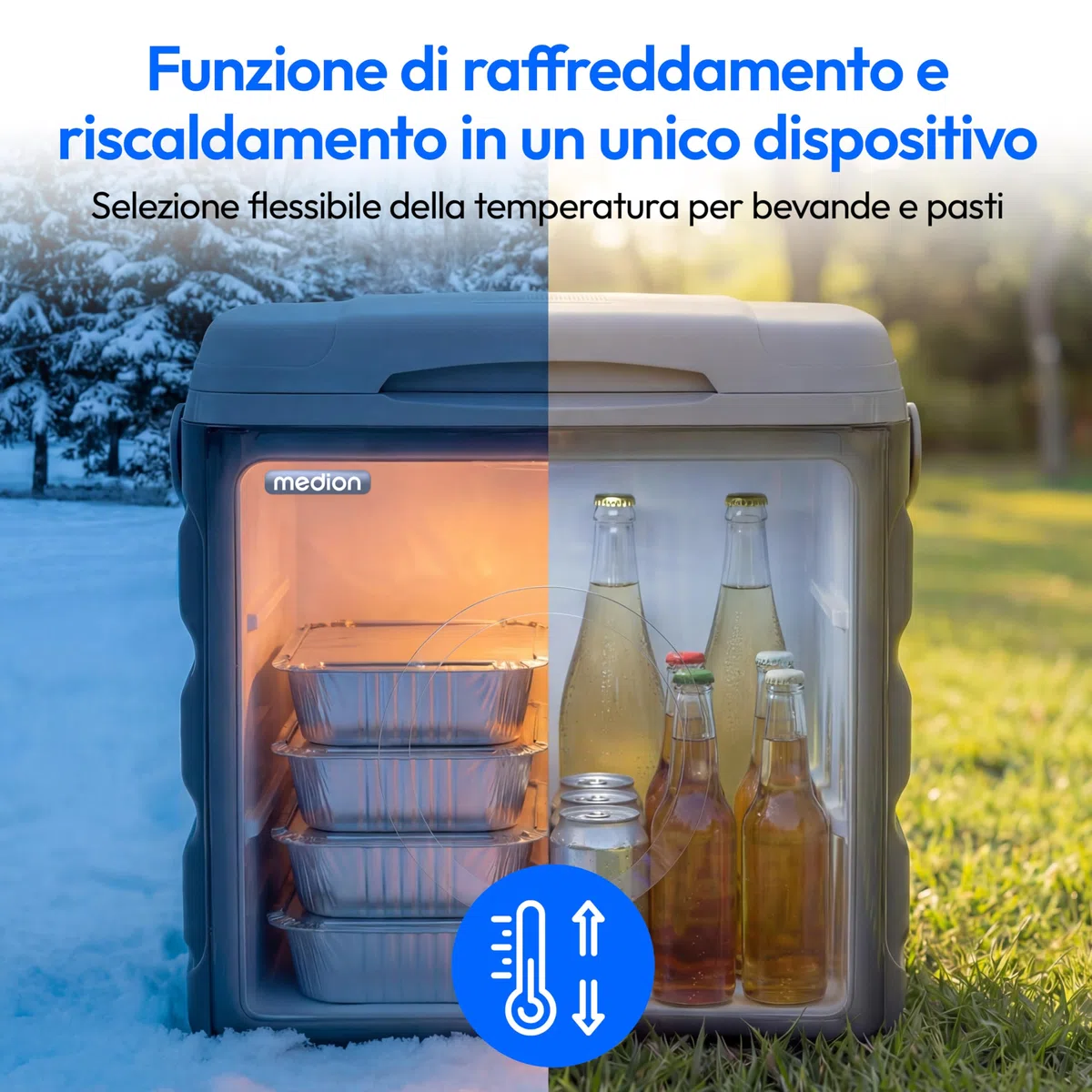 MEDION Borsa frigo termolettrica portatile 35 L, funzione raffreddamento e mantenimento caldo, 12 V accendisigari 230 V rete USB 5 V alimentazione, per auto barca campeggio, MD370030, grigio