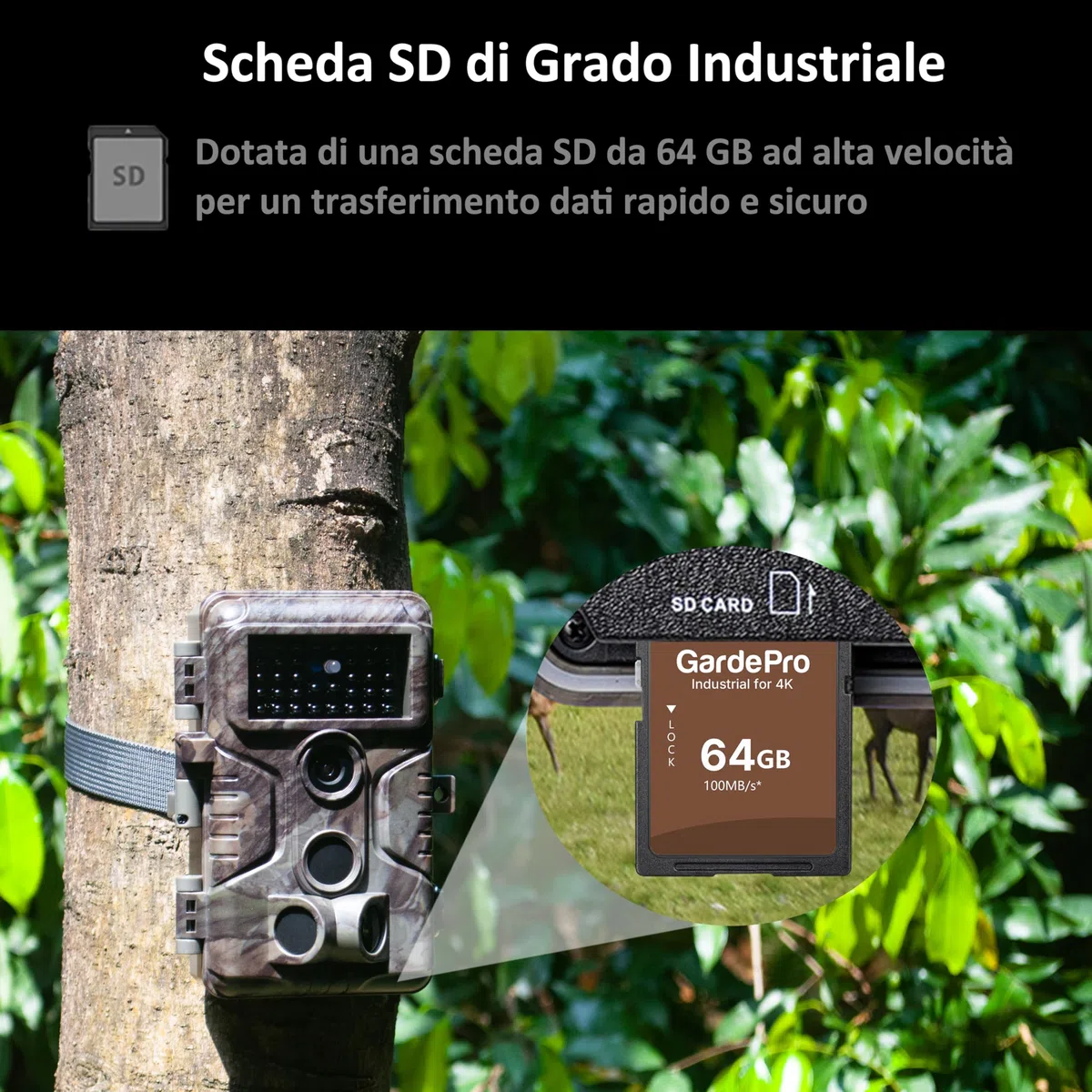 GardePro A3S Fototrappola Infrarossi Invisibili con scheda SD da 64GB 64MP 1296P H.264 Vidéo, 0,1s Tempo di Attivazione Fotocamera da Caccia Visione Notturna Fino a 30m, No-Glow IR LEDs, IP66