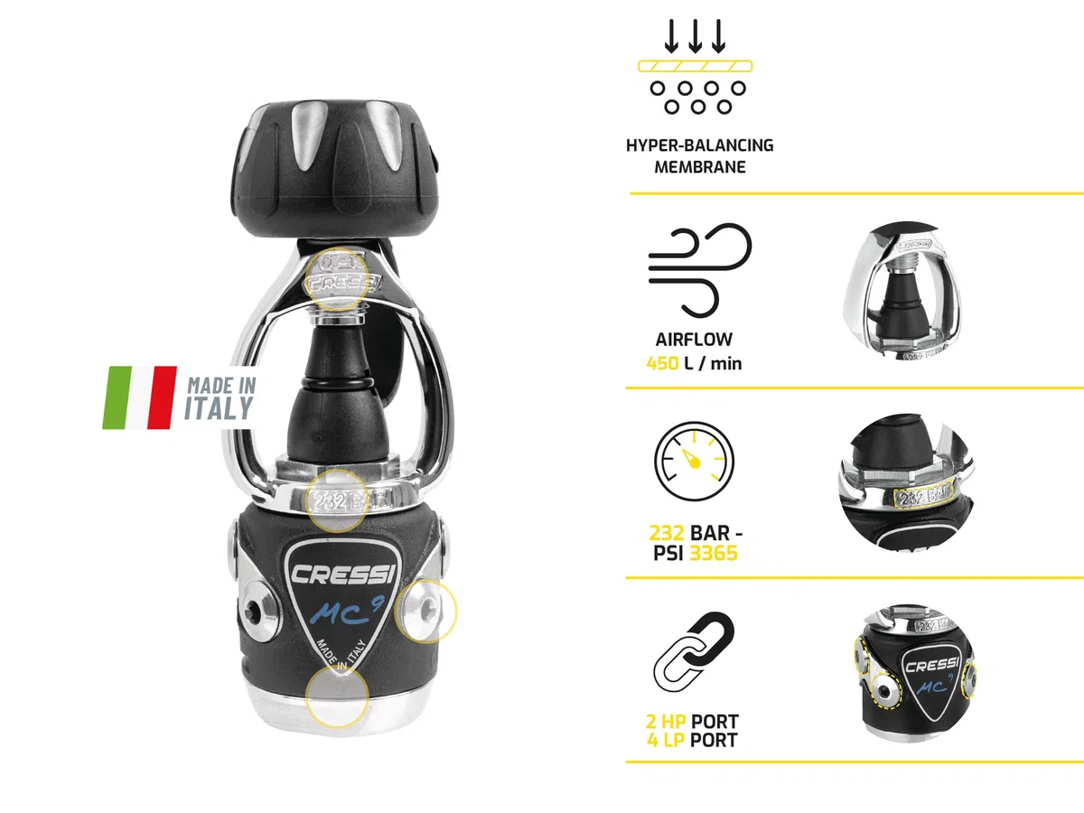 Cressi MC9/XS Compact Regulator - Erogatore per Immersioni, Disponibile in Versione INT o DIN, Adulto Unisex