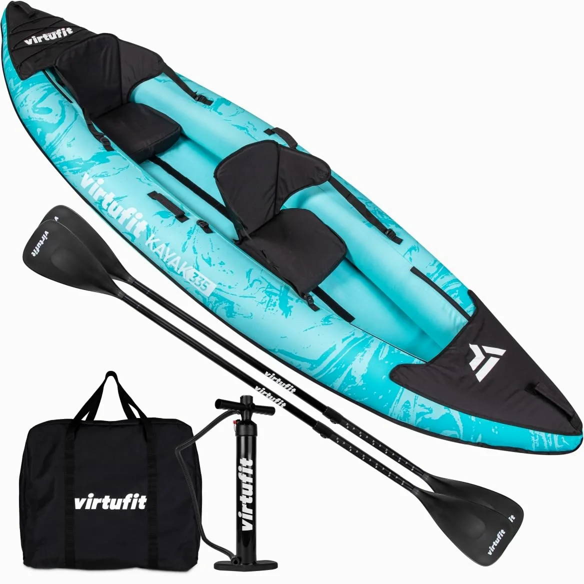 VirtuFit Kayak 335 Gonfiabile - 2 + 1 Persone + Opzione 3° Sedile - Include 2 pagaie, pompa a mano, borsa per il trasporto e 2 pinne, per mare, fiume e lago, costruzione stabile, 335 cm, turchese