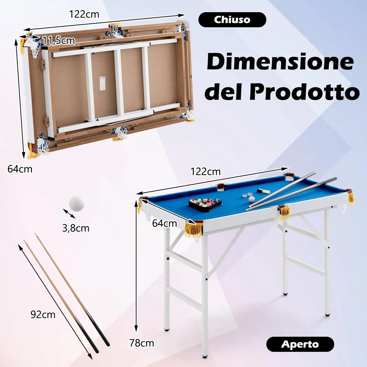 RELAX4LIFE Tavolo da Biliardo Pieghevole da 122cm con Accessori, Portatile per Bambini e Adulti con Stecche, Gessi, Palline, Triangolo e Spazzola, Salvaspazio