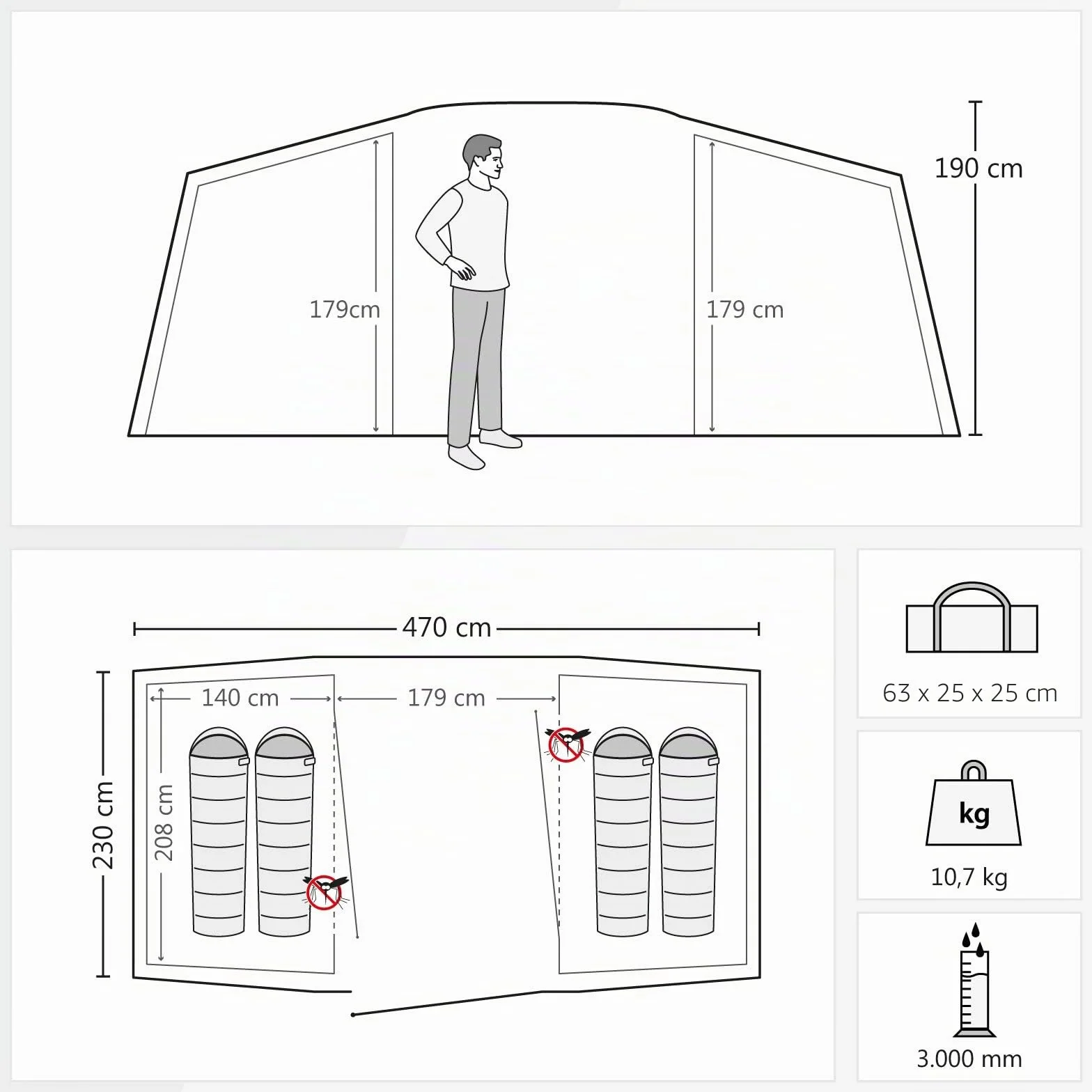 JUSTCAMP Lake 4 Tenda da Campeggio 4 posti - 2 camere (470 x 230 x 190 cm)