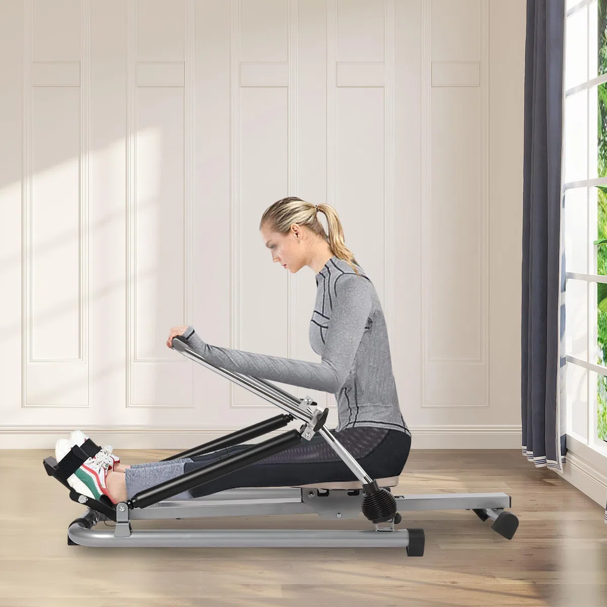 Vogatore idraulico, completamente mobile, regolabile, con resistenza a gradini da 15 a 55 kg, sedile morbido e monitor LCD e guida lunga da 45 pollici per esercizi cardio(scuro)