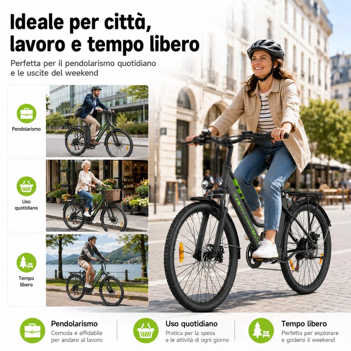 26" Bici Elettrica uomo donna,36V 15Ah Batteria Rimovibile Motore 250W,Autonomia fino a 100 km, 7 Velocità, Freni a Disco, Sospensione Anteriore City E-Bike for Urban Commuters
