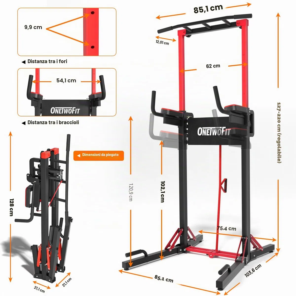 ONETWOFIT Power Tower pieghevole Dip Station Barra per trazioni, Regolabile in altezza Multifunzione stazione di potenza per la Palestra di casa Allenamento Ginnastica espandibile (BLACK-2)