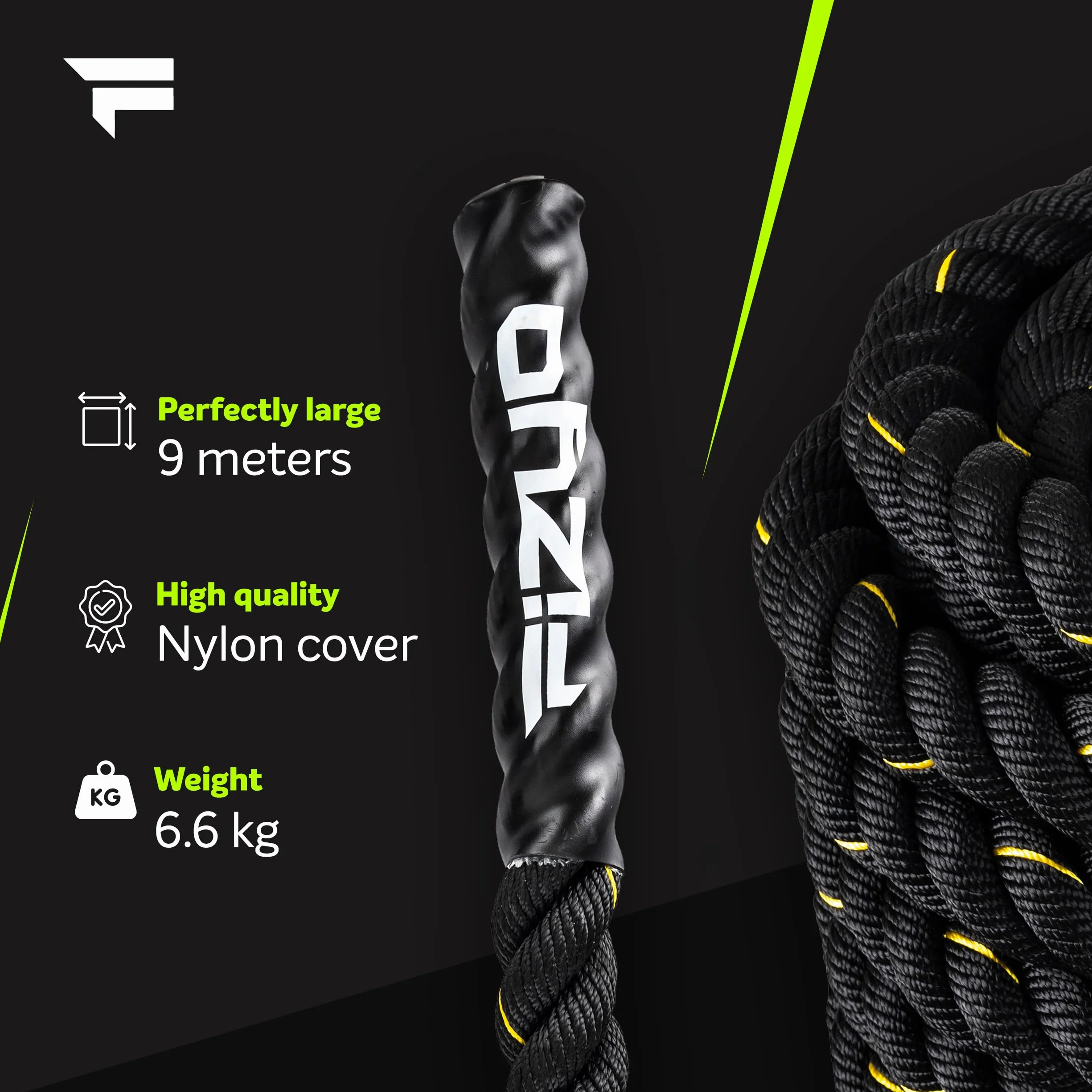 FIZYO Battle Rope – Corda da Allenamento Robusta per Functional Training, Cross Training, Forza e Resistenza – Diametro 3,8 cm, Costruzione a 3 Fili – Home Gym & Outdoor (9m)