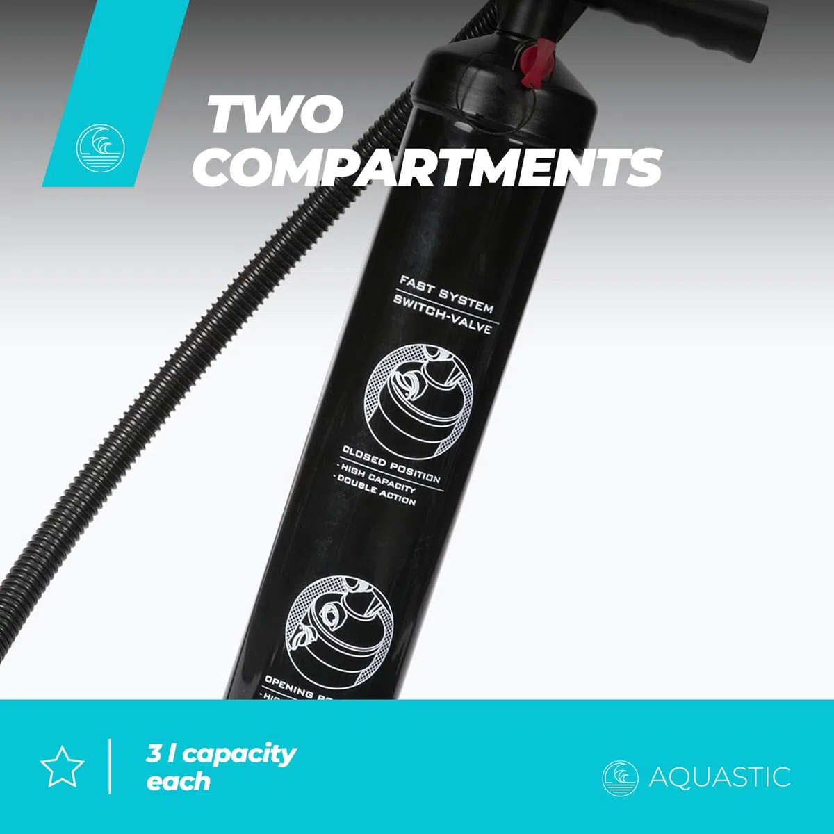 AQUASTIC Pompa a mano per kayak con manometro integrato Pressione 14,5 PSI / 1 bar Due Vani con capacità 3 litri Tubo lungo 125 cm Nero AQS-KPU001