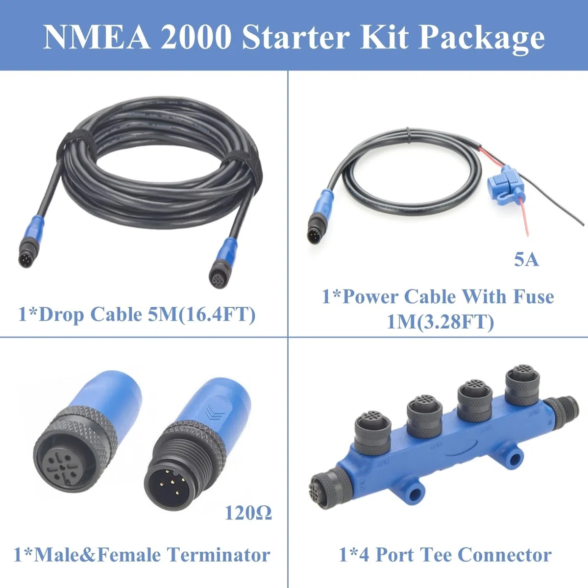 Kit di avvio NMEA 2000 N2K, cavo backbone di grado marino, cavo drop, T-piece a 4 porte, terminatori, cavo di alimentazione con fusibile per Lowrance Simrad Garmin (Kit 1)