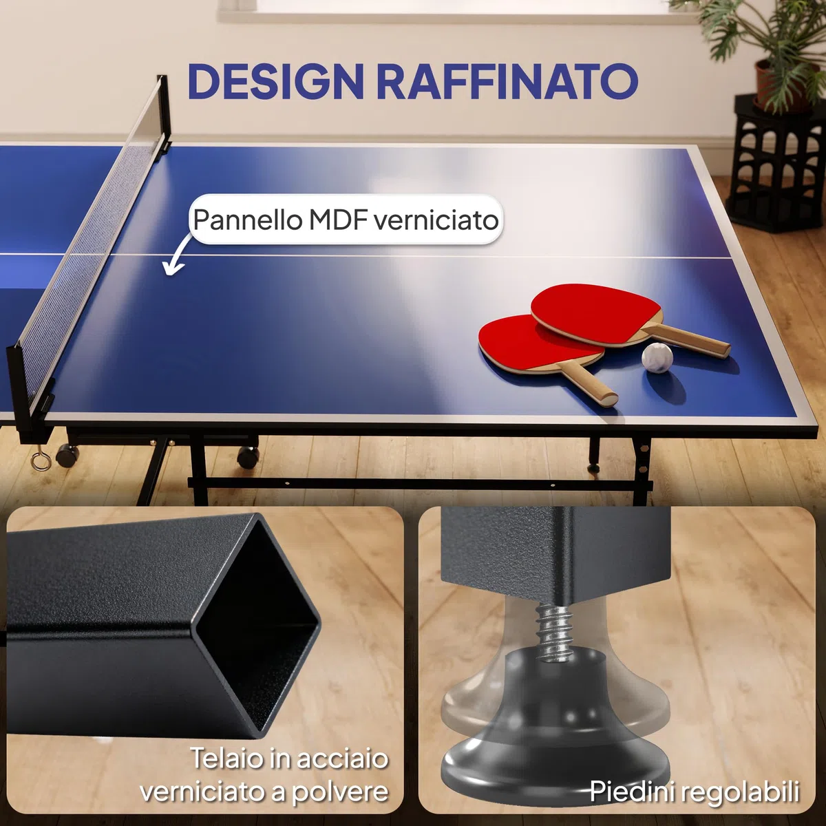 SPORTNOW Tavolo Ping Pong Pieghevole Salvaspazio per Interni, Tavolo da Ping Pong Professionale con Ruote Girevoli, Rete, Racchette e Palline, Blu