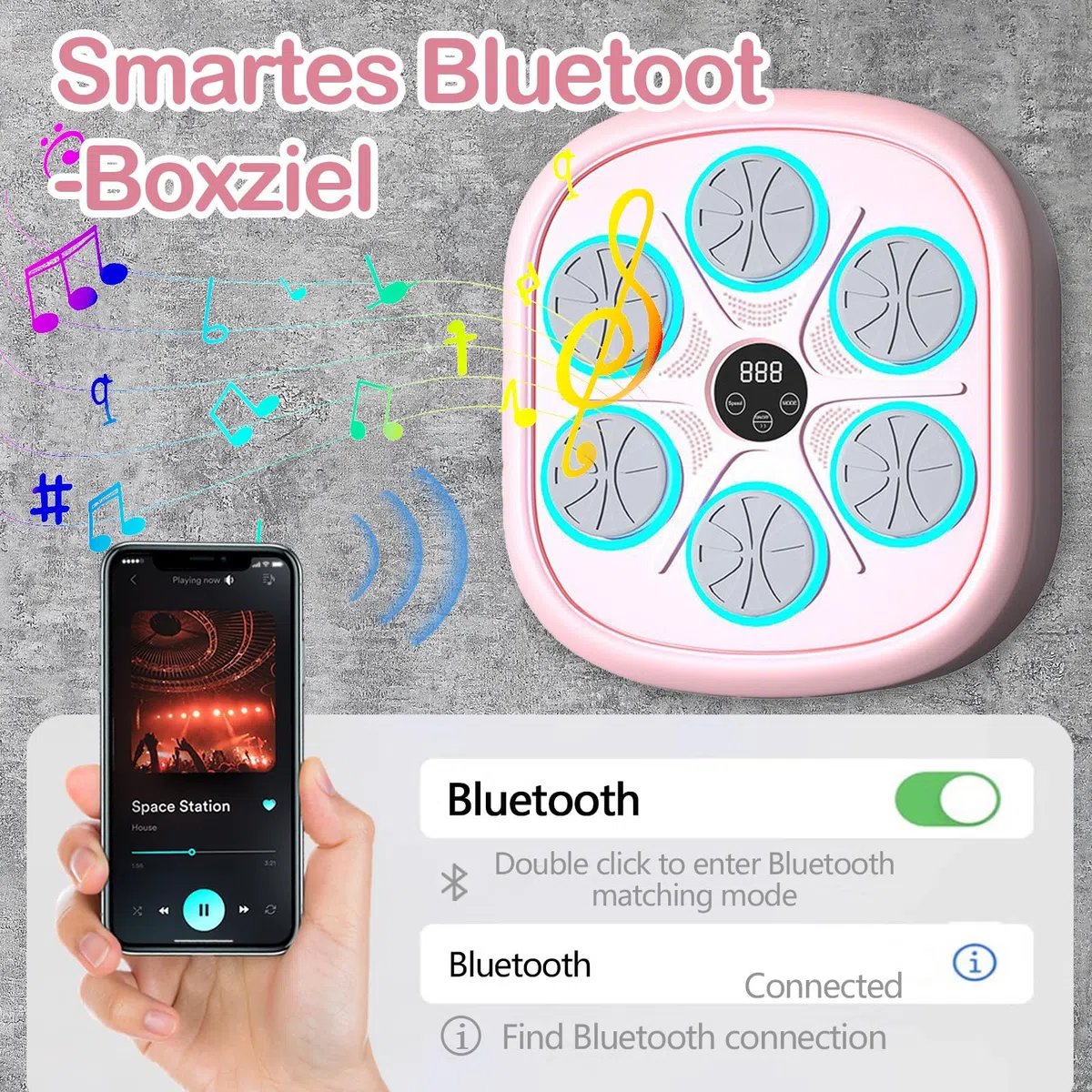 Macchina da pugilato per musica elettronica boxe a LED da parete Boxing Target Smart Boxing Attrezzature per adulti e bambini, supporta Bluetooth, 4 modalità di velocità, altezza di montaggio