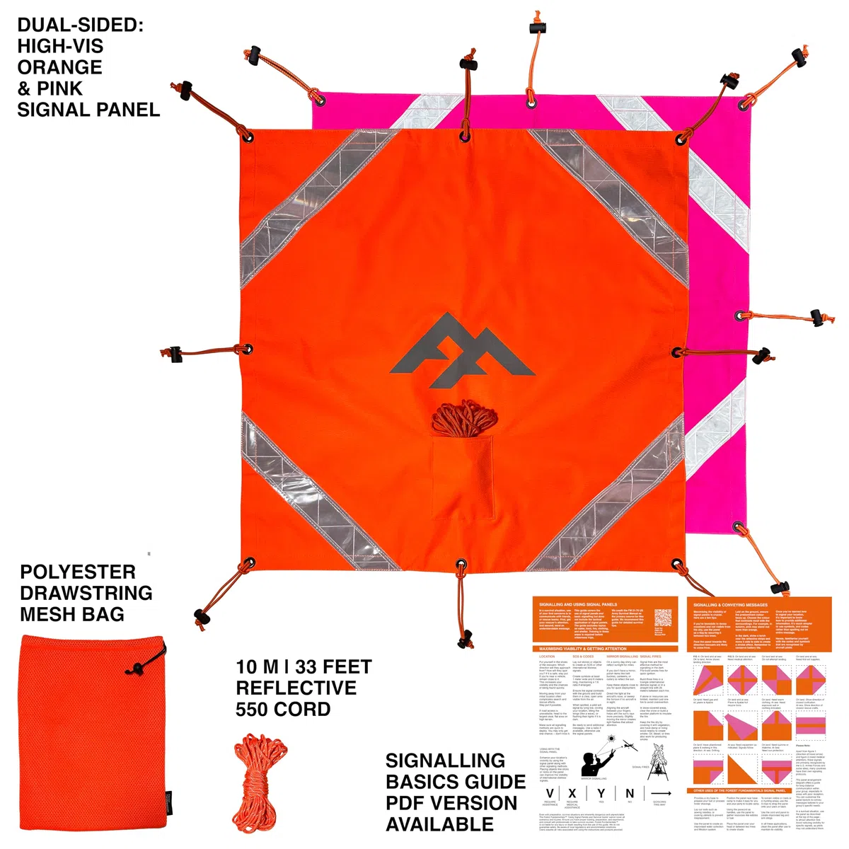 Forest Fundamentals Signal Utility Panels | Pannelli d'aria compatti per segnalazione di emergenza | Ad alta visibilità arancione e rosa con strisce riflettenti | Poliestere 600D resistente per uso