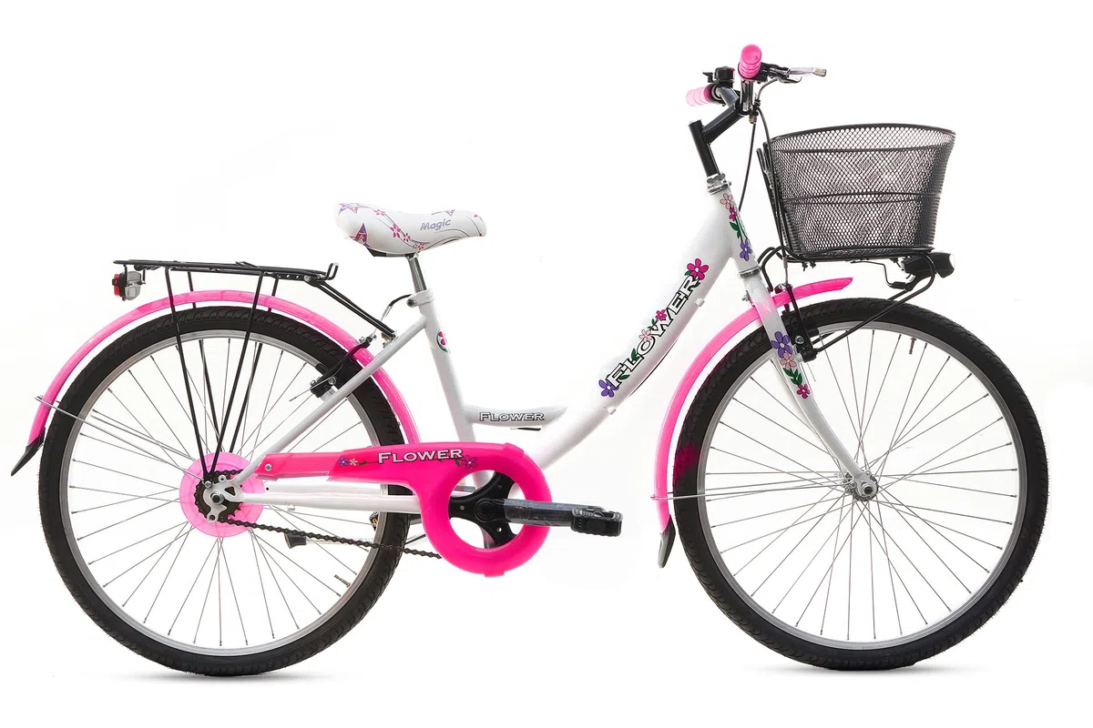 MADICKS Bicicletta Bambina Ragazza da Passeggio Misura 24 Bici con Cestino Floreale Bianco Rosa Fluo