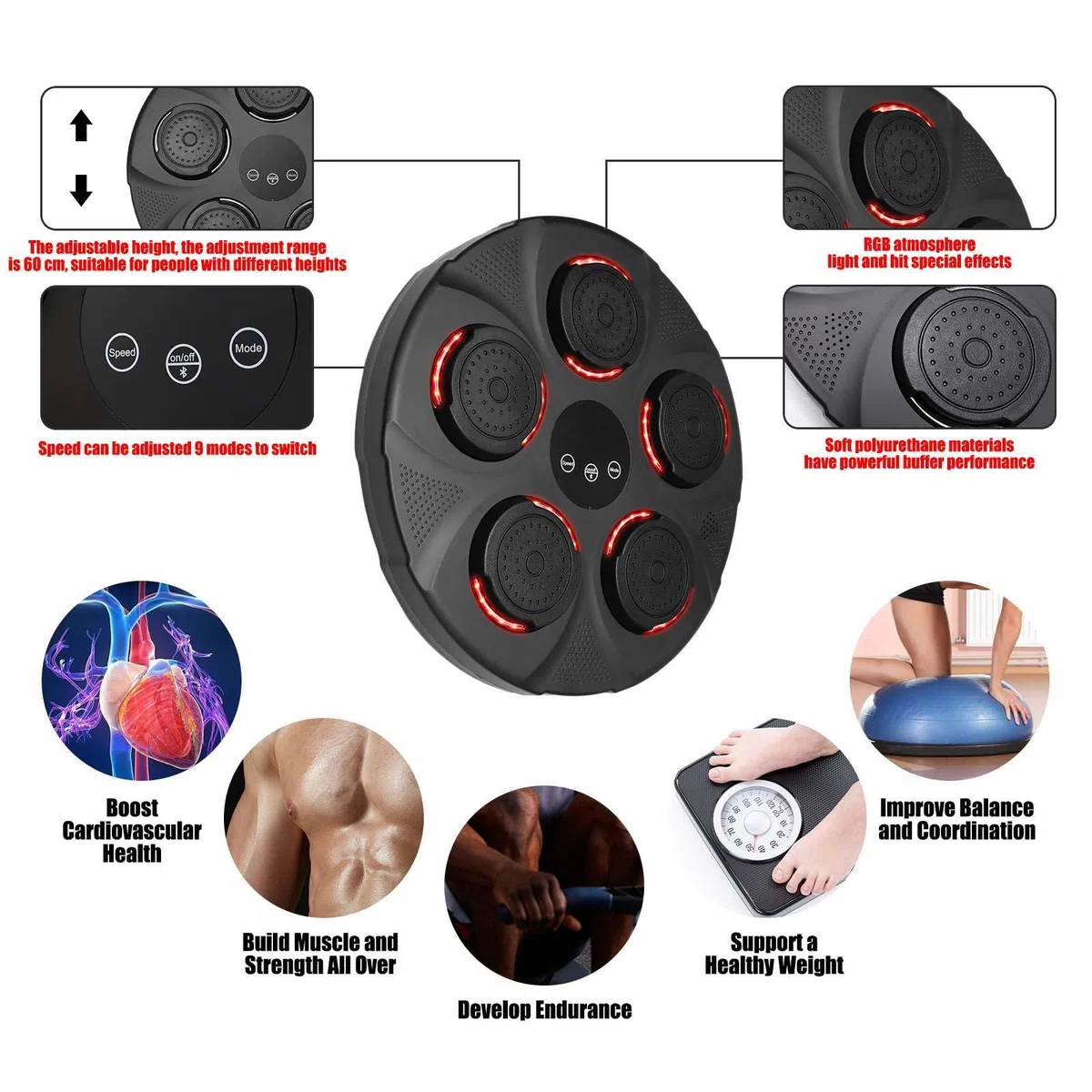 Macchina da Boxe Musicale, Smart Elettronica Boxing Machine per Adulti e Bambini, Supporta Bluetooth, Regolazione della velocità, Altezza di Montaggio Regolabile