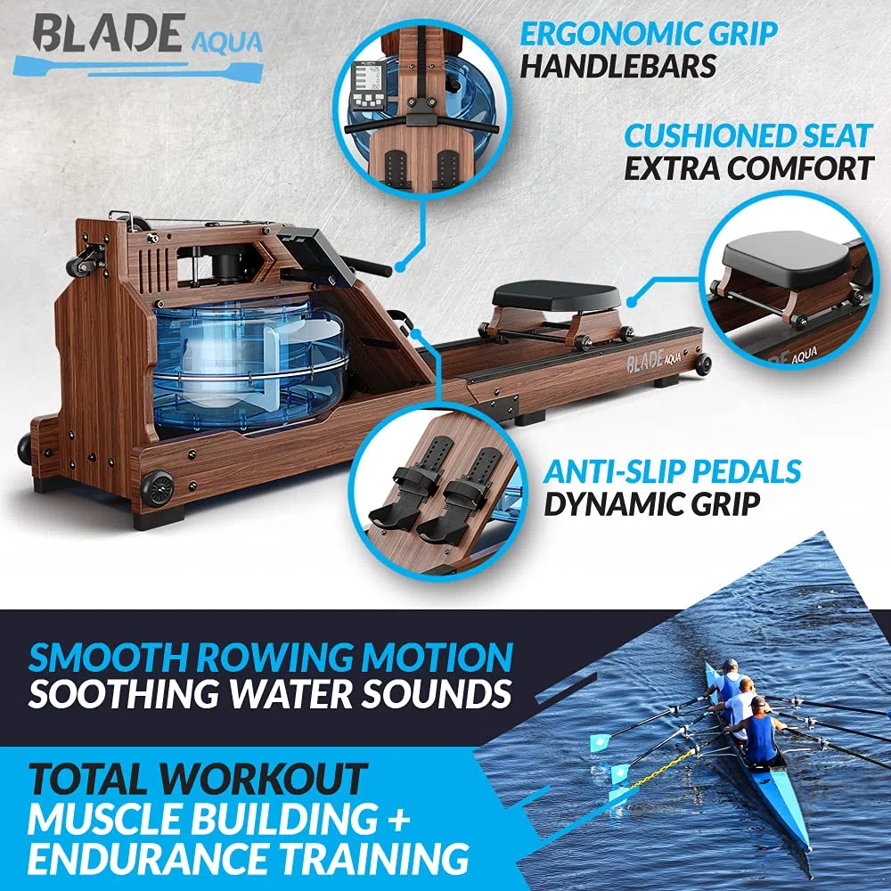 Bluefin Fitness Blade Aqua W-1, Vogatore ad Acqua, Frassino Americano Sostenibile al 100%, Vogatore Pieghevole per Casa, Display LCD, Applicazione Kinomap Inclusa, nero/marrone.