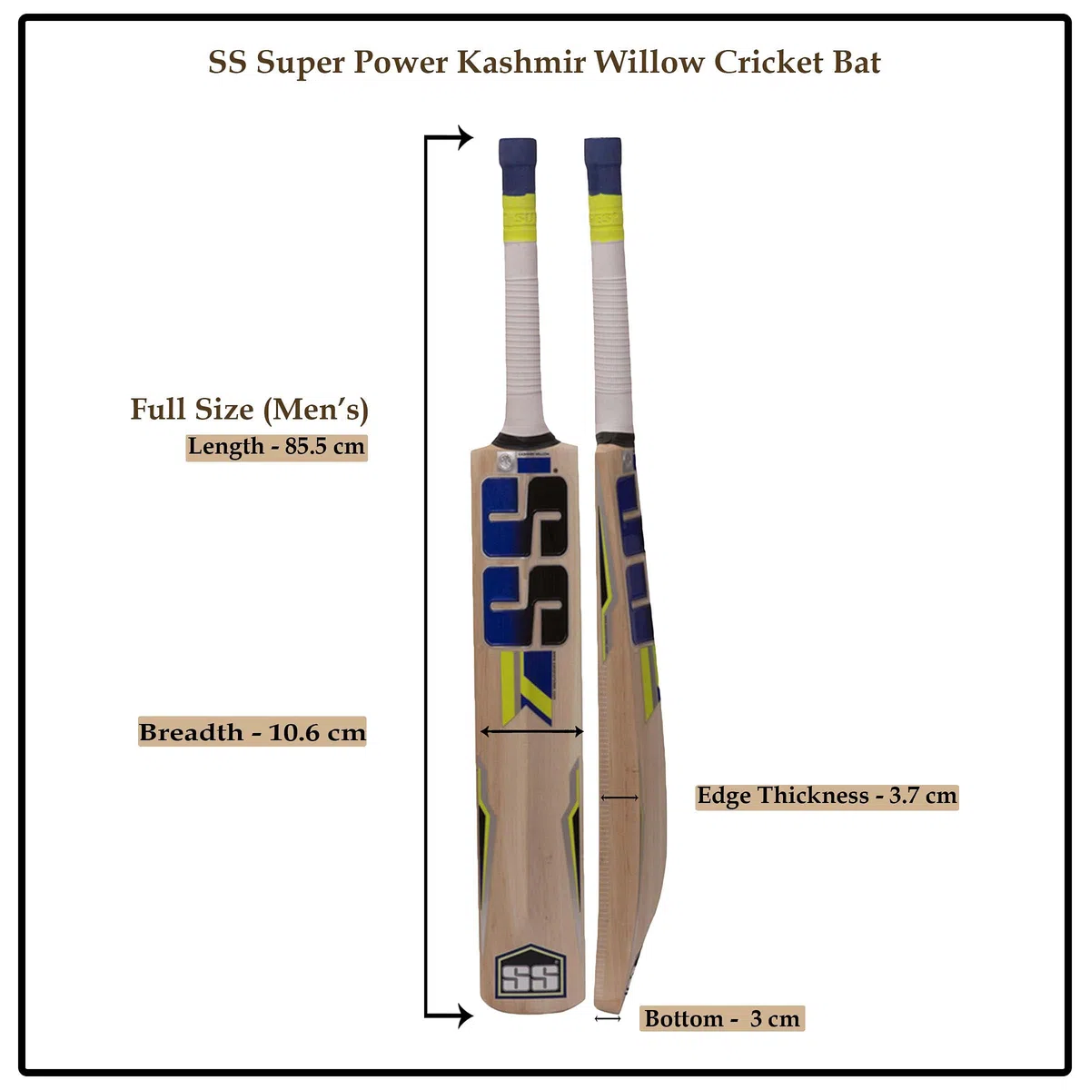 SS Yogi Sports - Mazza da cricket in pelle di salice del Kashmir, esclusiva mazza da cricket per adulti, a grandezza naturale, con copertura di protezione completa (Super Power, Cannon, Impact)