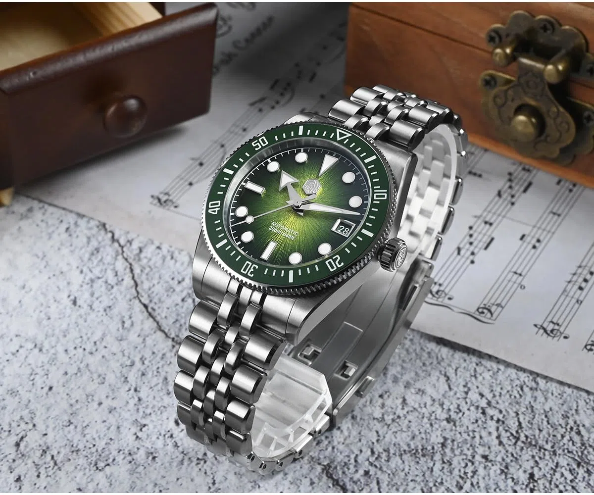 Orologio da immersione automatico San Martin, quadrante verde, acciaio inossidabile 316L, cassa 37,5 mm, movimento 9015 resistente all'acqua 200 m, modello SN0148-GX