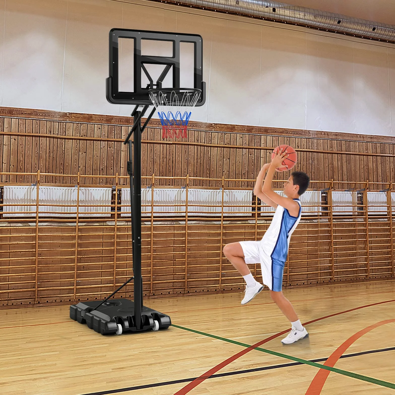 GYMAX Canestro da Basket Portatile, Canestro Basket Regolabile in Altezza 143-305 cm con Tabellone in PET, Cerchio in Metallo Solido da 48 cm e 2 Ruote, per Adulti, Adolescenti