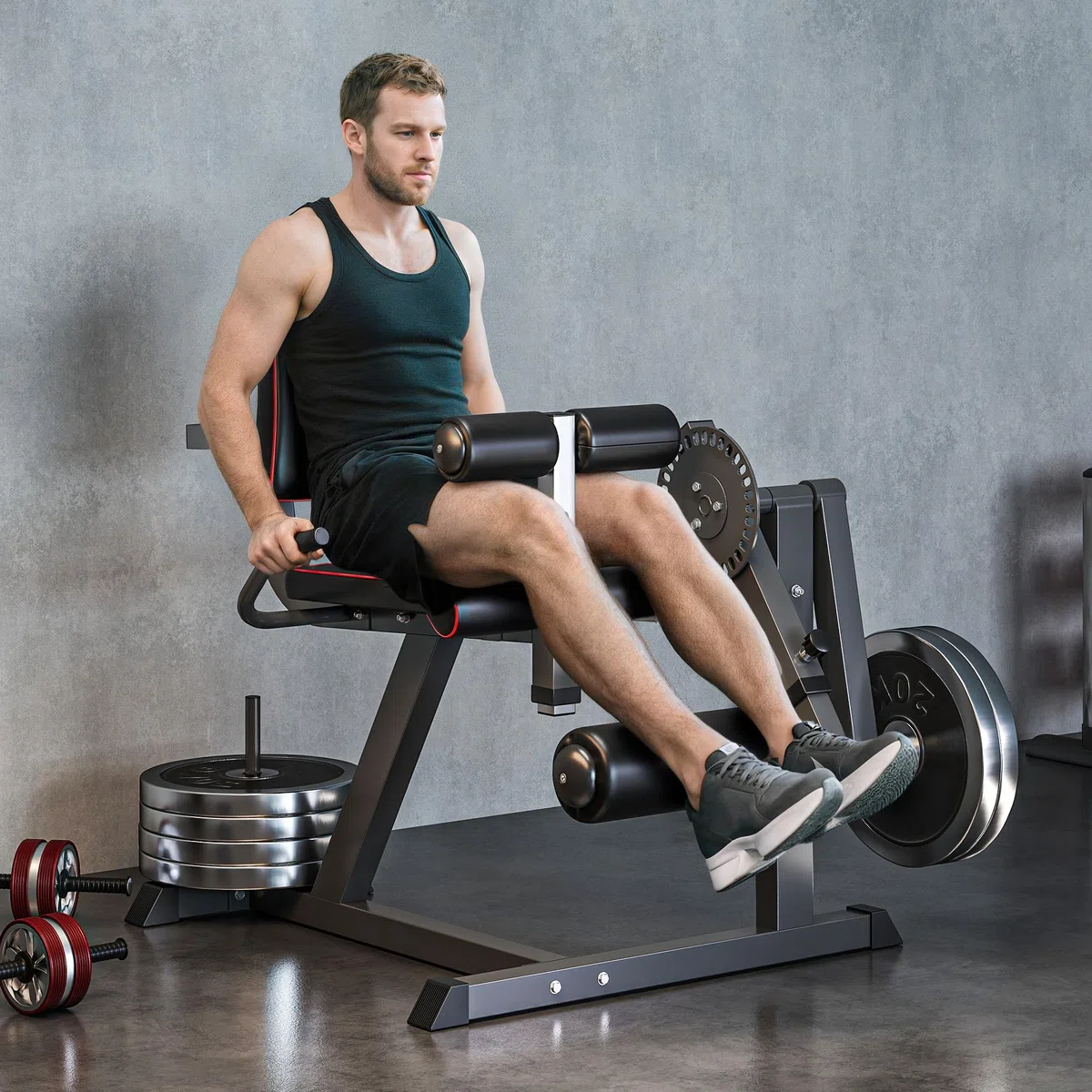 SPORTNOW Macchina Fitness con Schienale e Cuscinetti Regolabili per Leg Extension e Leg Curl, Panca Palestra con Spazio per Dischi Pesi in Acciaio e Plastica, Grigio e Nero