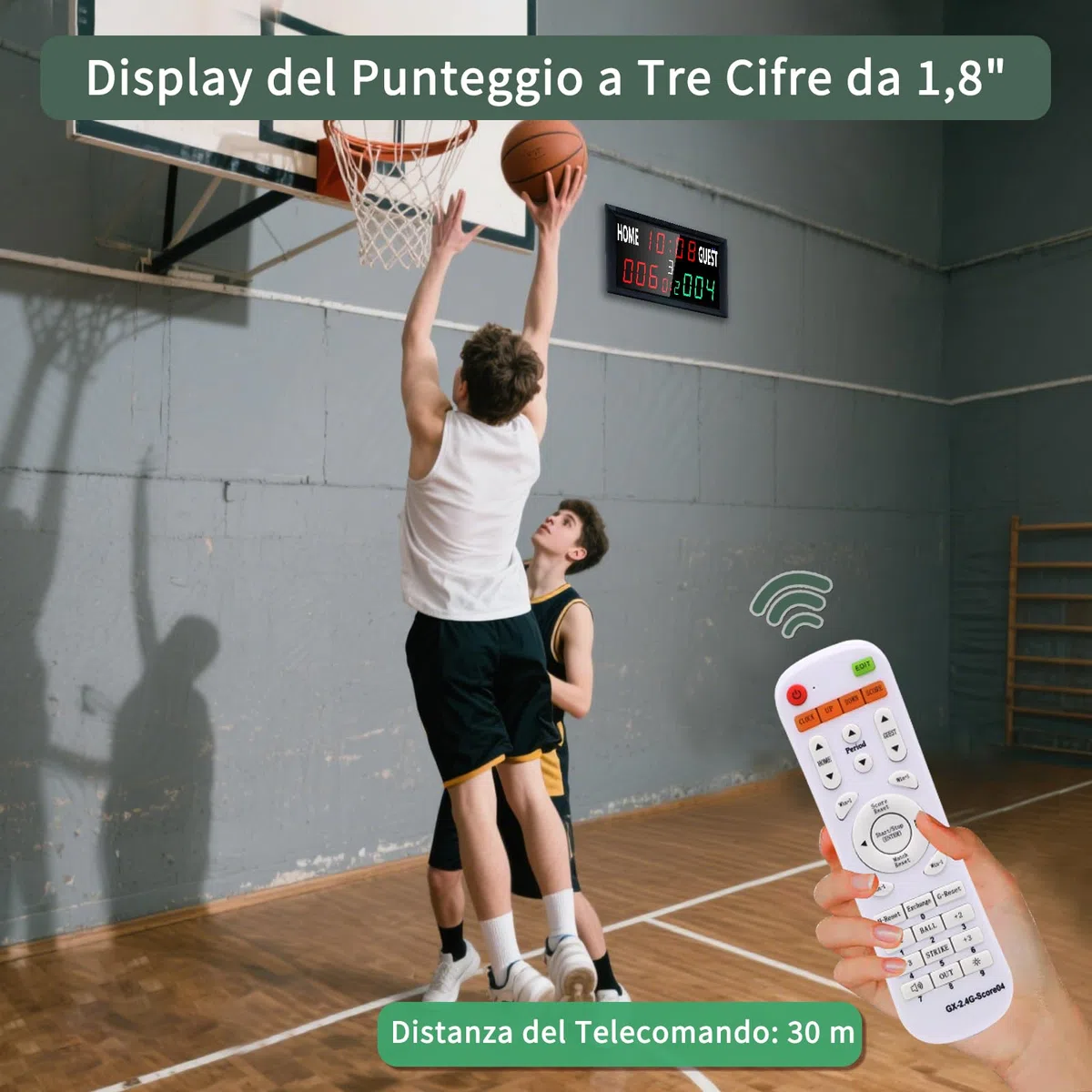 Tabellone Segnapunti Elettronico Portatile, 39,4*4*15,8cm, 13 Cifre per Basket con Orologio, Gioco Tennis con Conto Alla Rovescia/Crescente, LED Scoreboard per Pallavolo, Cornhole, Badminton