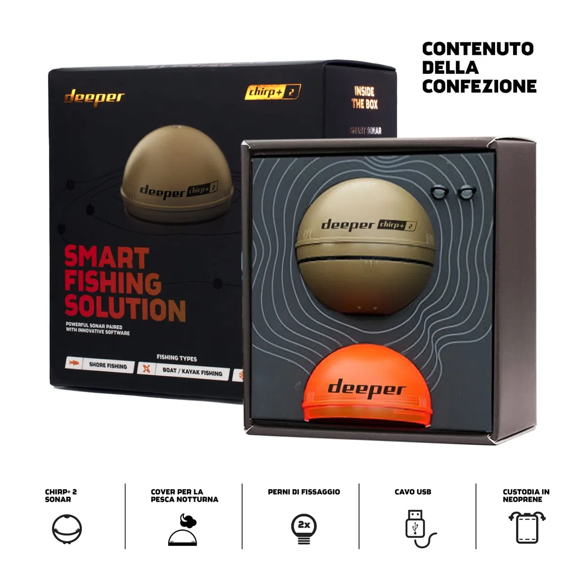 Deeper Chirp+ 2 Ecoscandaglio da pesca lanciabile e portatile, compatibile con GPS con autonomia prolungata e guscio da pesca notturno per pesca in kayak in barche dalla riva sul ghiaccio
