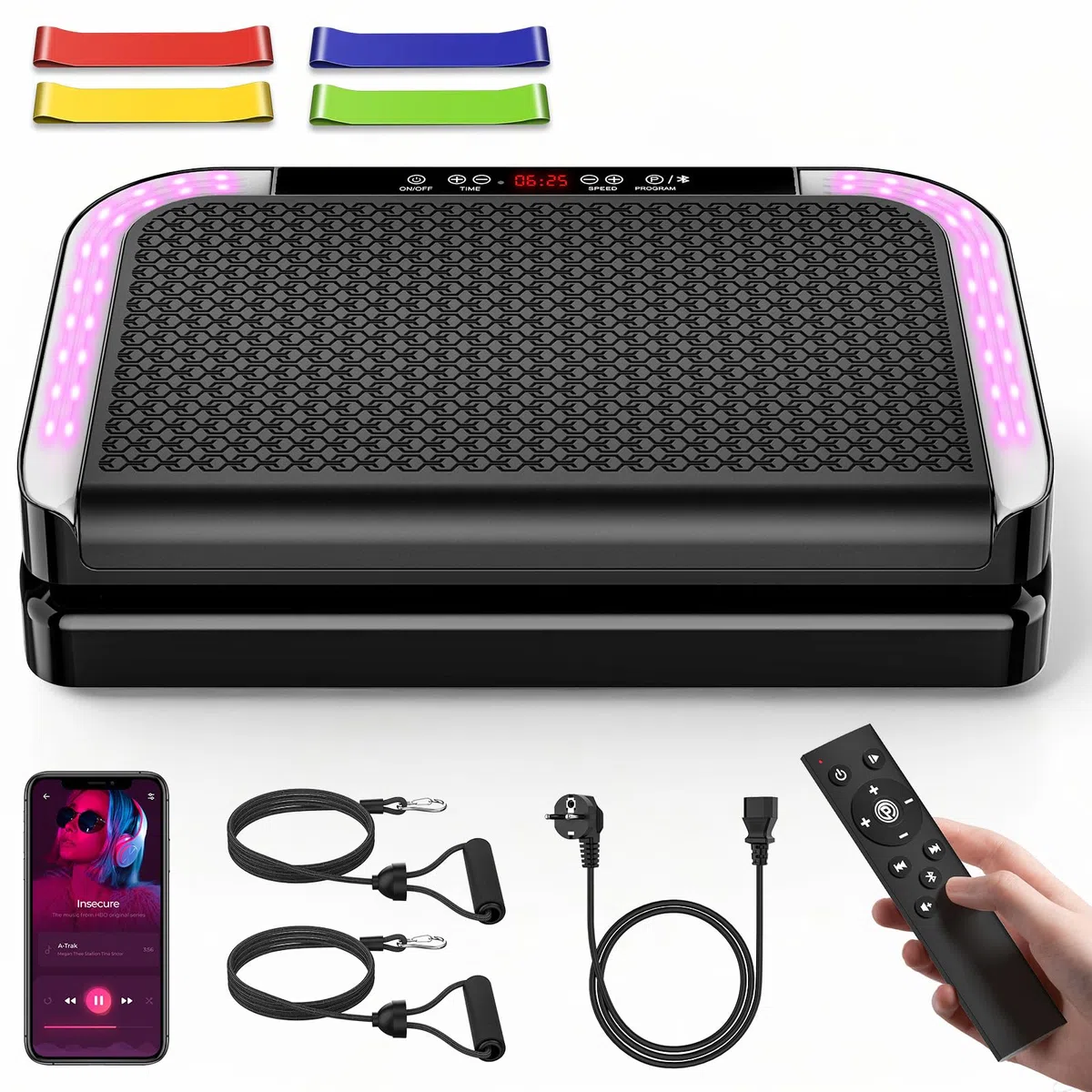 Pedana Vibrante Dimagrante, Vibration Plate con 9 Programmi, 200 Livelli di Intensità, Altoparlante Bluetooth, Telecomando, Bande & Corde di Resistenza, Pedana Vibrante per Circolazione Gambe