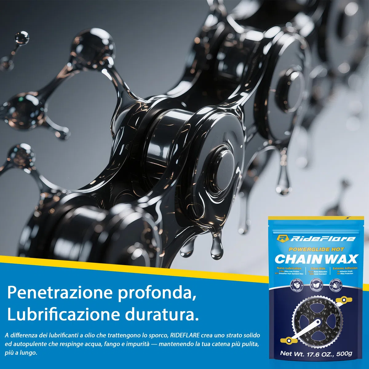 RideFlare - Vaso per cerare catene: sistema pulito, controllo preciso della temperatura e cera di attrito ultra bassa per una trasmissione silenziosa
