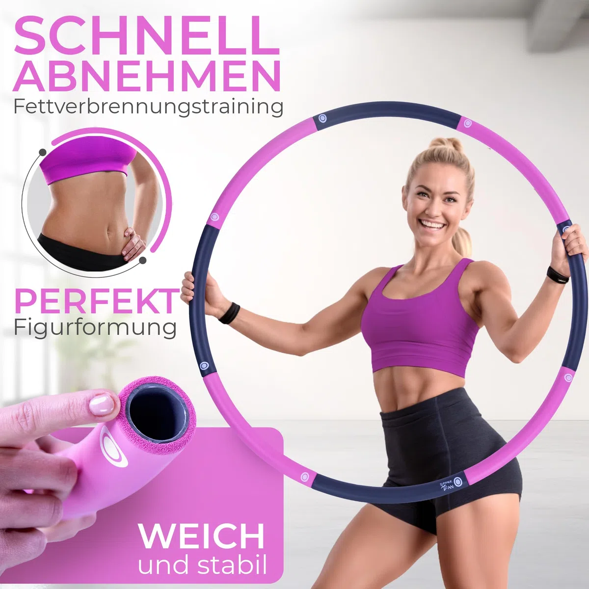Hula Hoop - Pneumatico per principianti senza onde e gommini [1 kg fino a 1,5 kg, 75 – 100 cm, 6 – 8 segmenti] – Hullahub Fitness Sport per adulti
