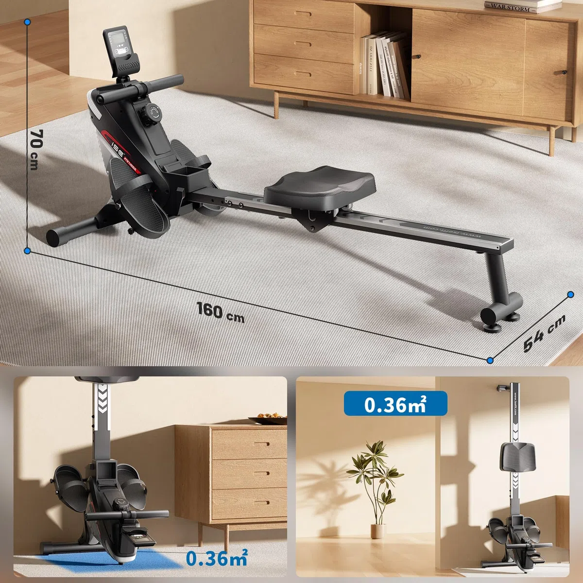 ISE Vogatore per Casa, Vogatore Magnetico Professionale con 8 Livelli di Resistenza Schermo LCD Guide Scorrevoli