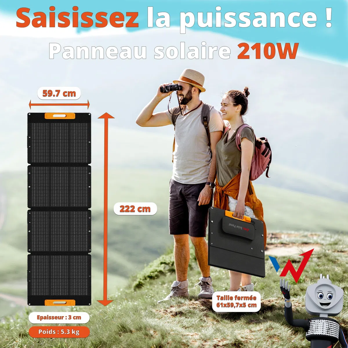 WONDER FULL ENERGY - Pannello solare portatile da 210 W, per centrali elettriche, caricatore solare pieghevole, grado di impermeabilità IP65, per esterni, campeggio