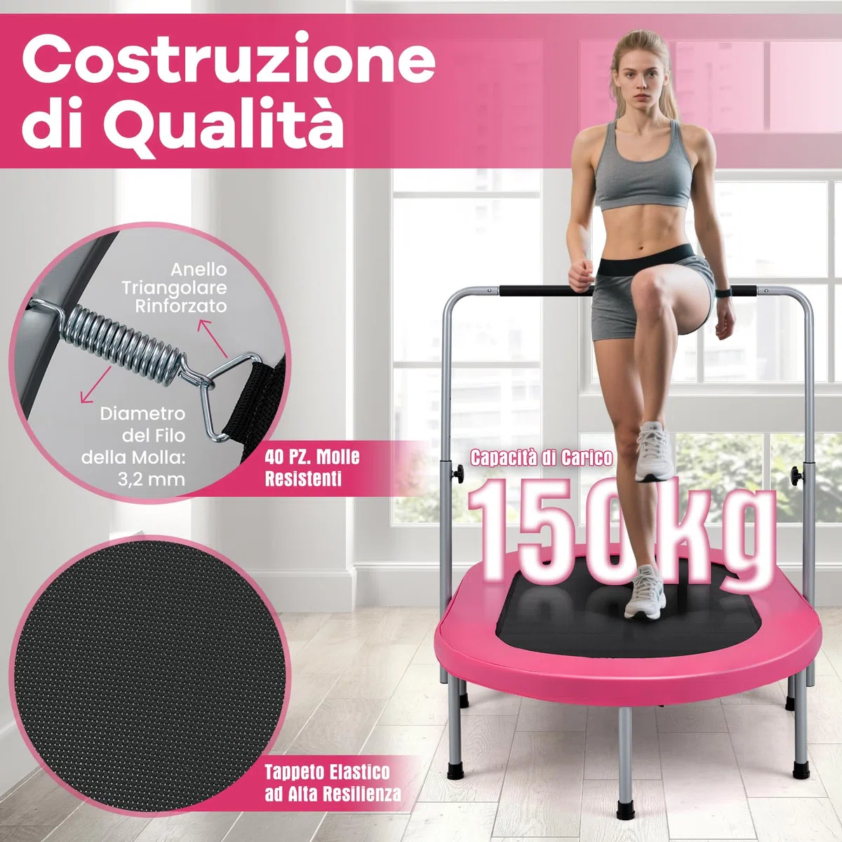 COSTWAY Trampolino Elastico da Interno ed Esterno, Tappetino Elastico Pieghevole per Adulti e Bambini con Maniglia Regolabile, Molle e Cuscinetto di Sicurezza, Trampolino Ovale per 2 Persone
