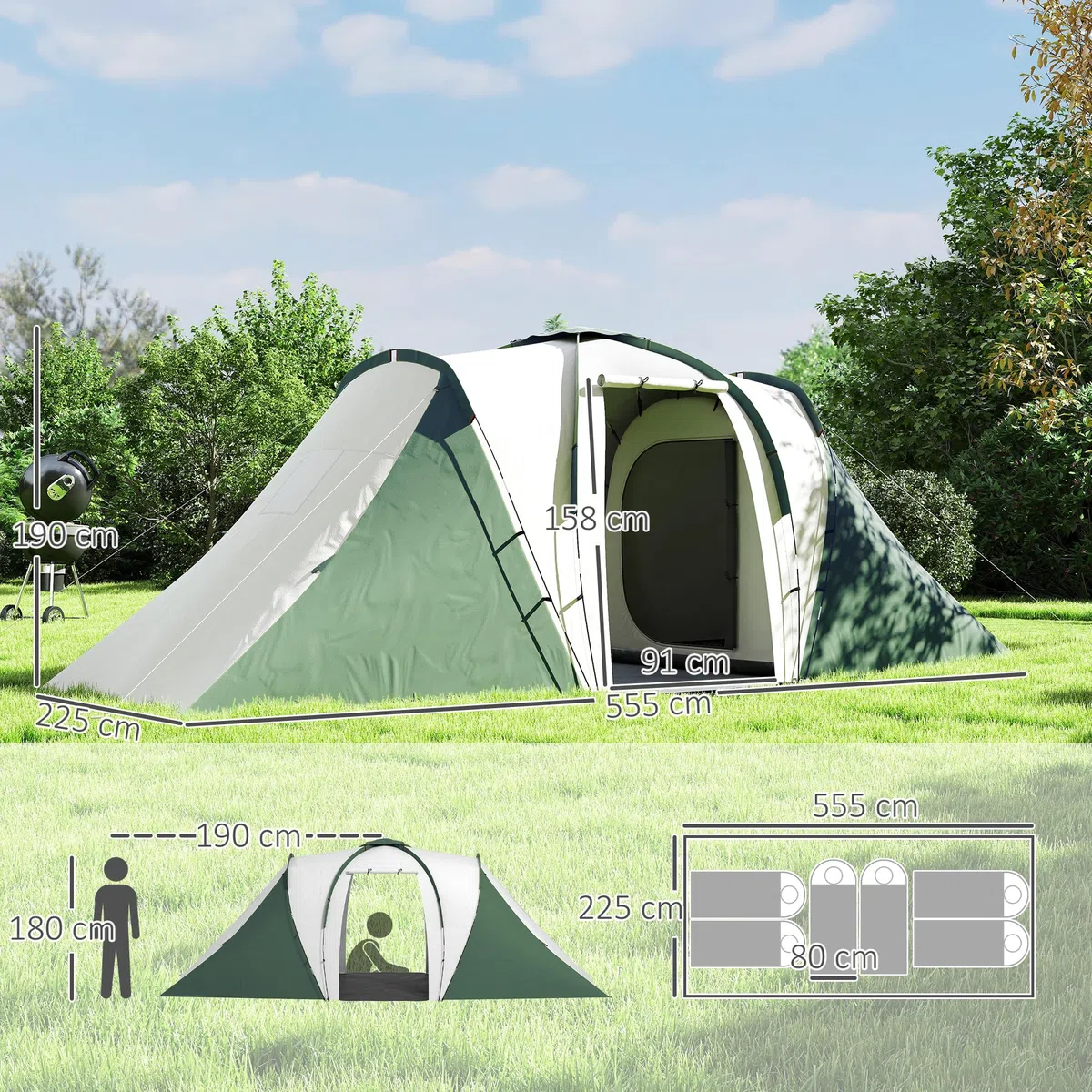 Outsunny Tenda da Campeggio 4-6 Persone con 2 Camere e Zona Soggiorno, Tenda da Esterno a 2 Porte, Resistente all'acqua e ai Raggi UV, con Borsa da Trasporto, 555x225x190 cm, Grigio e Verde