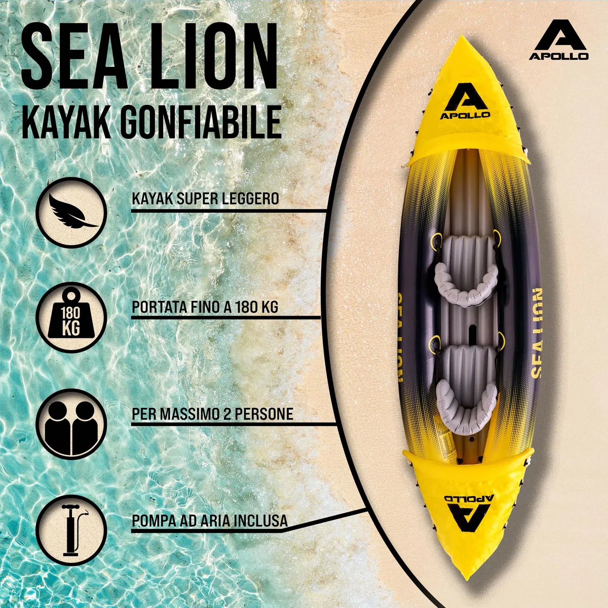 Apollo Kayak Sea Lion | Gonfiabile 2 Posti, Super Capiente 312 x 91 x 51 cm | Canoa Stabile e Leggera | Comodo e Maneggevole per 2 Persone | Set Completo Pronto all'Uso