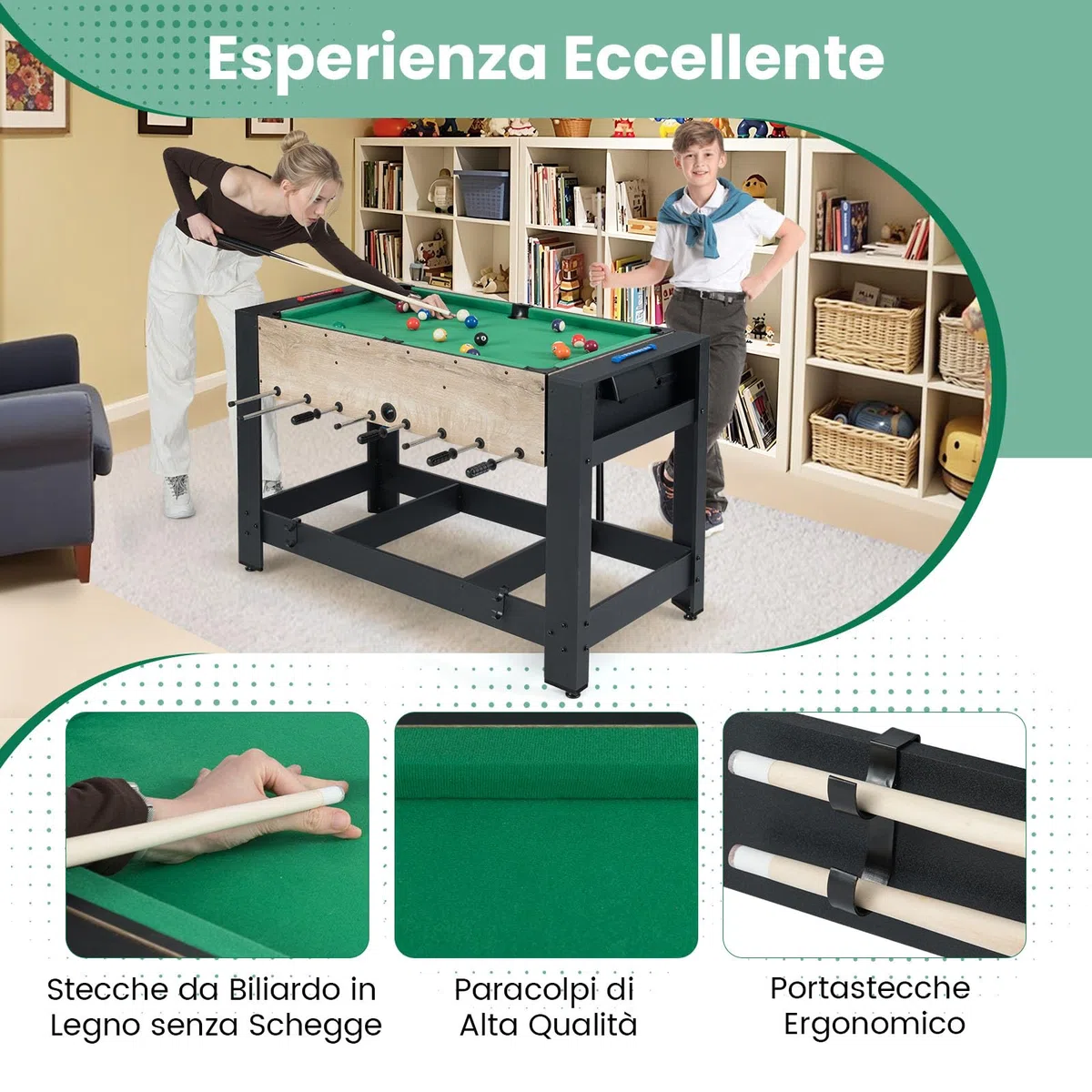 RELAX4LIF Tavolo Multigioco 2 in 1, Tavolo Combo con Biliardino e Biliardo, 2 Palline e Bastoni da Stecca, Triangolo, Spazzola, 2 Gessetti, Salvaspazio per Serate in Famiglia, Sala Giochi, Feste