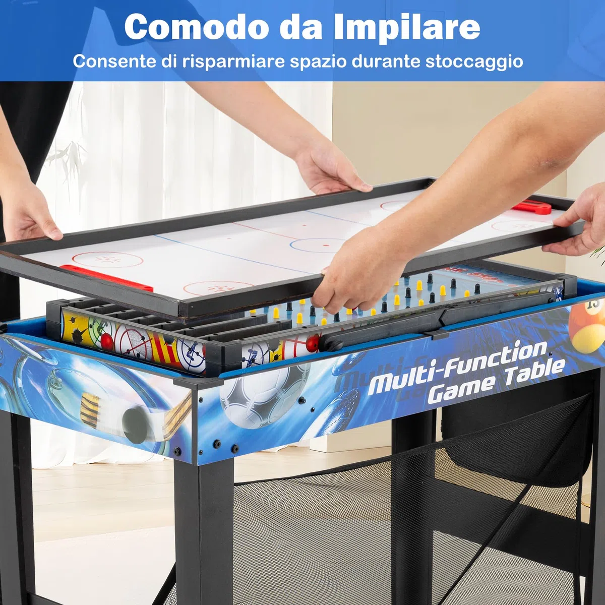 COSTWAY 10 in 1 Tavolo Multigioco, Set Tavolo da Gioco Multifunzione con Biliardo, Hockey, Ping Pong, Basket, Calcio, Tiro, Flipper, Freccette, Tiro con l'Arco e Borsa, Impilabile, 106 x 51 x 148 cm
