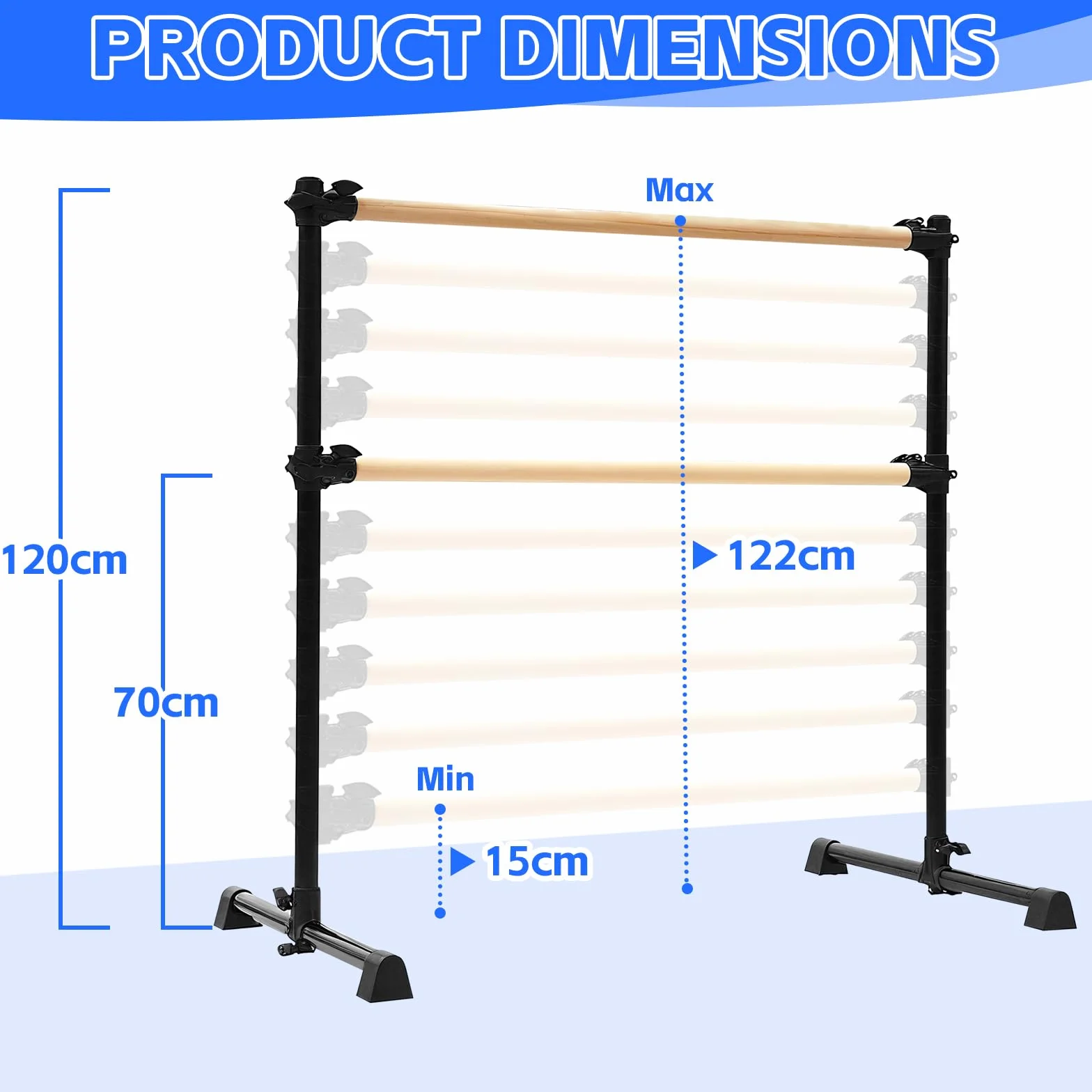 LIROPAU Doppia barra per balletto, autoportante, con piedini antiscivolo, altezza regolabile da 15 a 122 cm, per ragazze e adulti