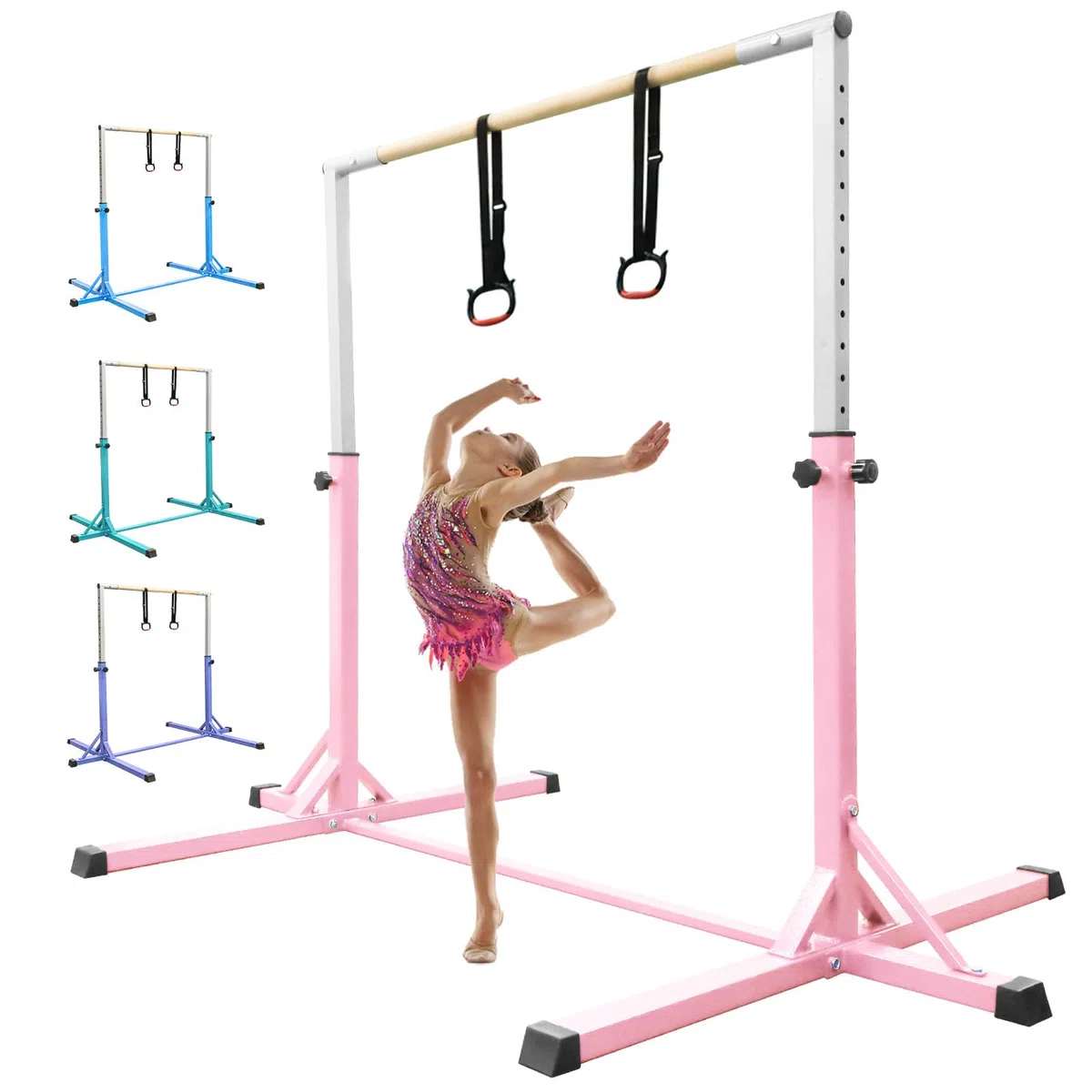 FBSPORT Barra da ginnastica orizzontale con anelli da ginnastica per bambini, regolabile in altezza 13 cm, per allenamento per bambini, attrezzatura da ginnastica per casa, palestra, interni,