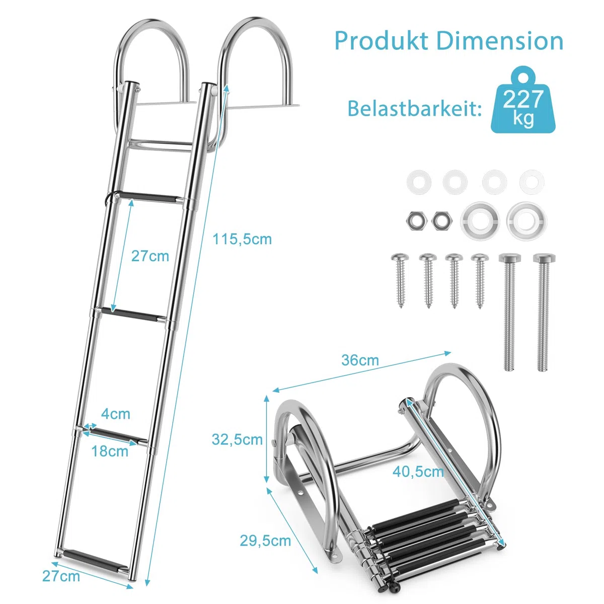SOARS Scaletta da piscina pieghevole, 4 gradini, in acciaio inox, telescopica, con corrimano e gradini antiscivolo, scala in acciaio inox fino a 227 kg, portata posteriore