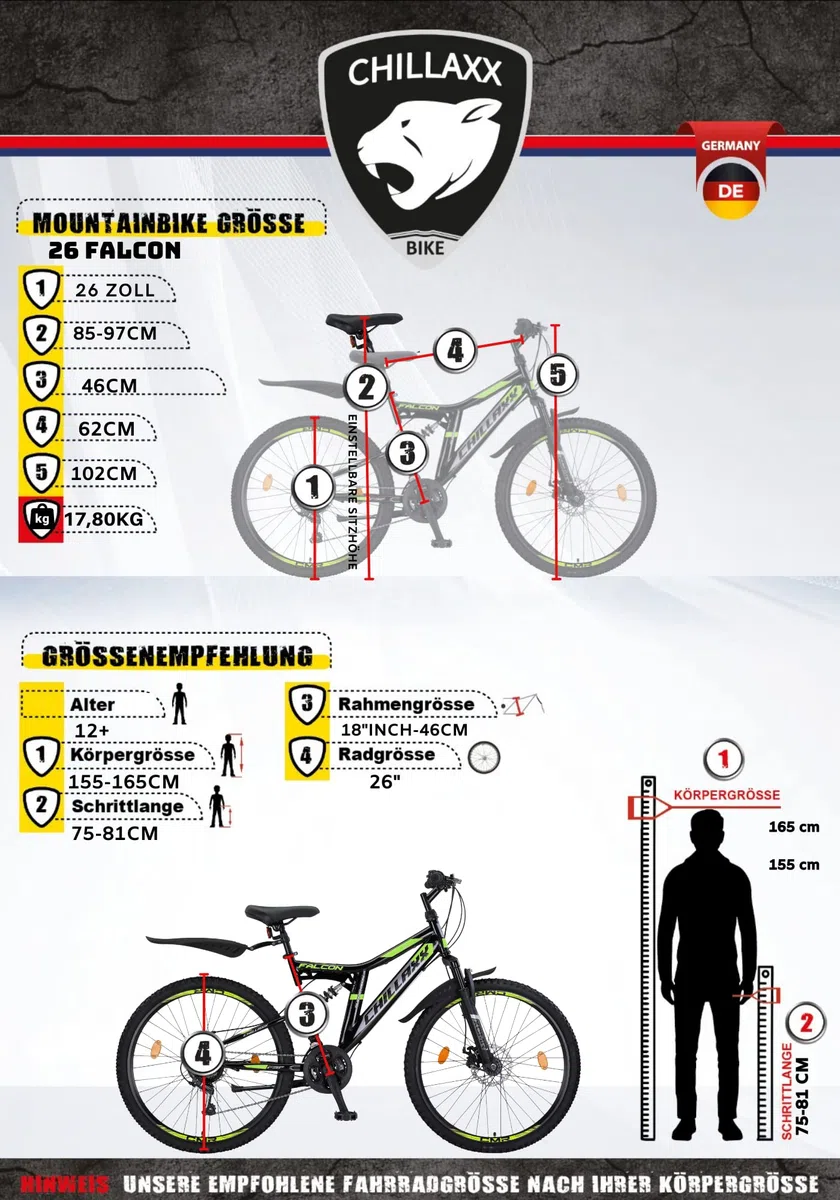 Chillaxx Bike Falcon Premium Mountain Bike da 24,26,27.5 e 29 pollici, bicicletta per ragazzi, ragazze, uomini e donne, freni a disco, cambio a 21 marce, sospensione completa