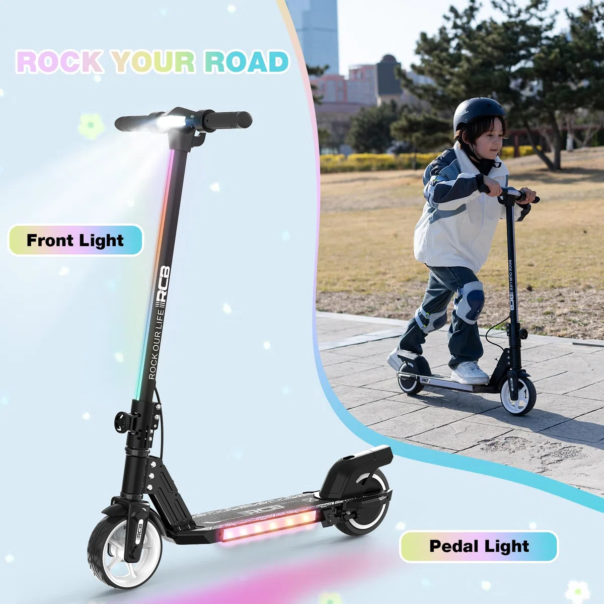 RCB R12 Monopattino Elettrico per Bambini 6-12 Anni, Max 15Km/h & 10 km, Luce LED Arcobaleno, 6,5" Pieghevole E-Scooter,Display a LED, Velocità Regolabili, Regalo per Bambini