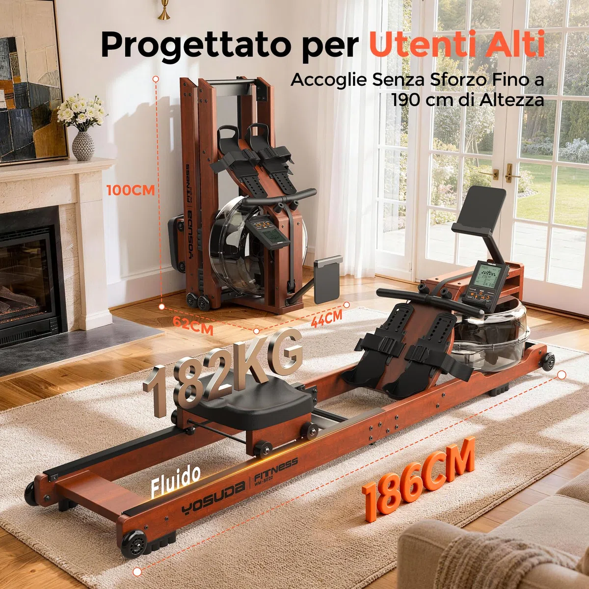 YOSUDA Vogatore pieghevole per casa, grande serbatoio 22L, APP/Bluetooth, design ultra silenzioso, supporto telefono regolabile, 190cm/182kg, pre-assemblato al 98%, vogatore professionale per casa