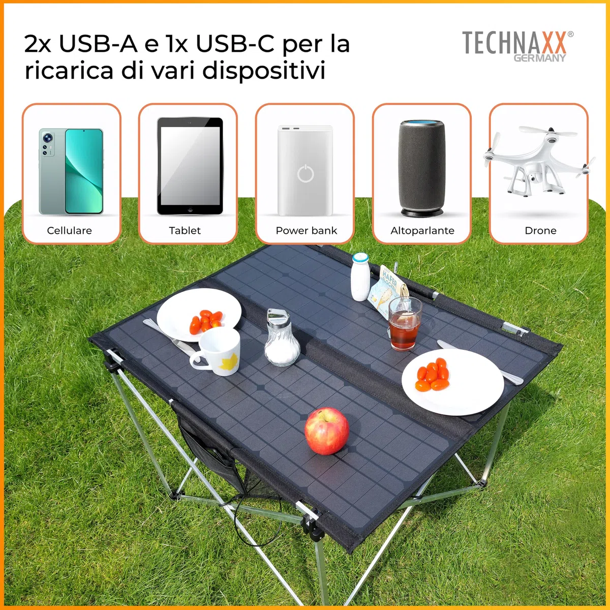 Technaxx TX-252, tavolo solare da campeggio pieghevole da 60W, pannello solare monocristallino con 3x porte USB, uscita DC e design robusto - perfetto per il campeggio e le attività all'aria aperta