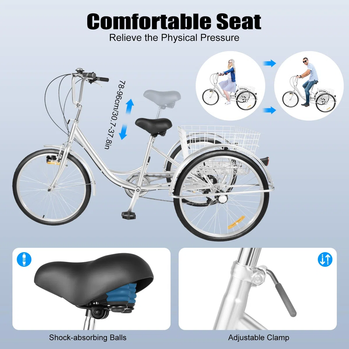 Triciclo per adulti, 24 pollici, 3 ruote per adulti, Shimano 6 marce Cruise Trike Cargo Bike con cestino, bicicletta per sport all'aria aperta e shopping