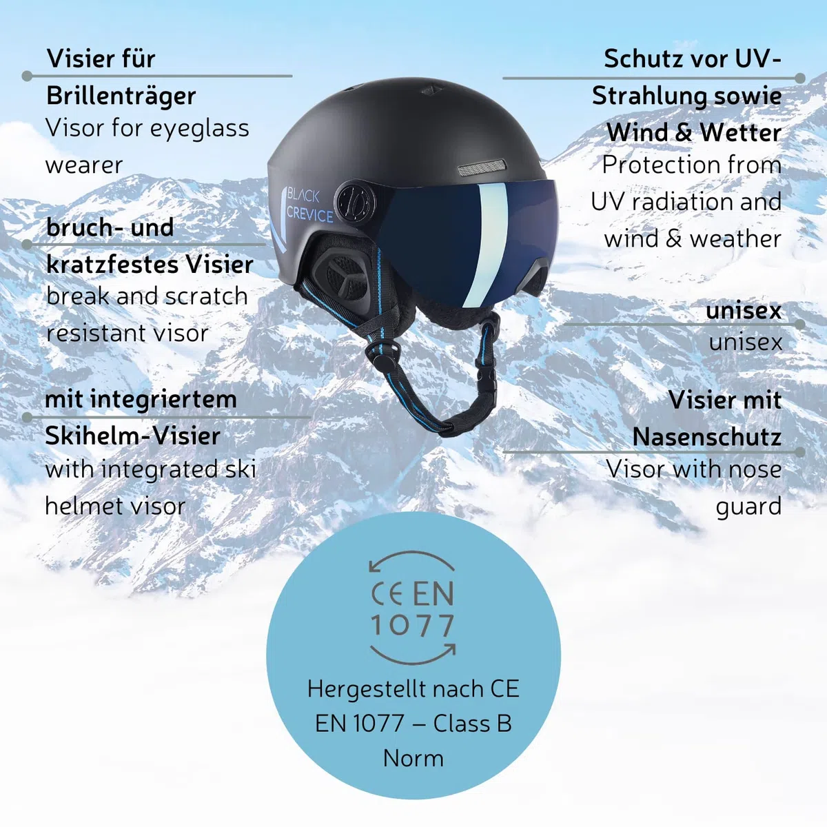 BLACK CREVICE Casco da sci Sölden I Casco da sci con visiera stile pilota in diversi colori I Casco da sci Uomo & Donna I Casco da snowboard unisex I Casco da sci traspirante I Regolabile