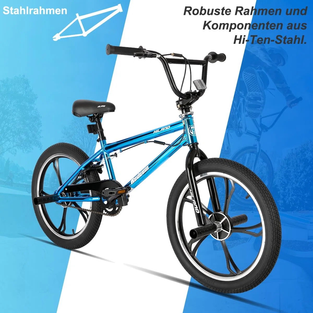 HILAND Bicicletta per bambini da 20 pollici, a 5 razze, per bambini e bambine di 7, 8, 9, 10 anni, rotore a 360 gradi, freestyle, 4 pedane single speed per bambini, BMX, colore blu