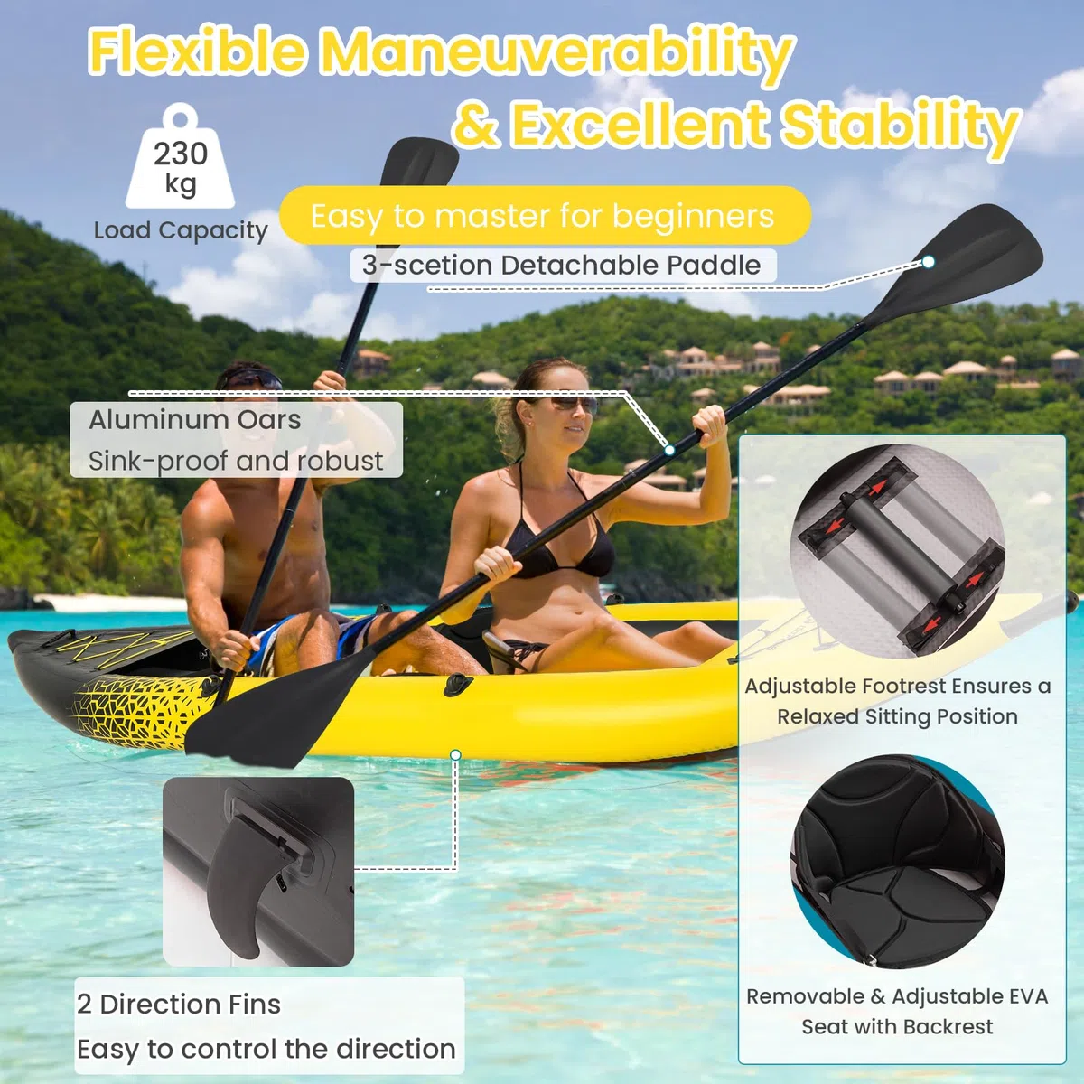 HOMASIS Kayak Gonfiabile 2 Posti in PVC, Canoa Gonfiabile con 2 Pagaie Regolabili, Borsa per il Trasporto, Pompa a Mano e Kit di Riparazione, Gommone Mare per Adulti, 382 x 94 x 40 cm